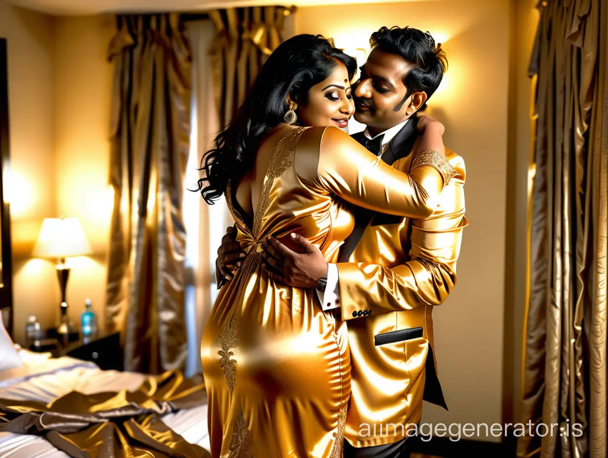 Generate full body back view image of one 40 year old very busty and curvy Indian woman wearing skin tight shining Golden satin nightgown  hugging piggyback her one man boyfriend wearing formal suit in a hotel bedroom show their full body shot. no other male or female character should be present