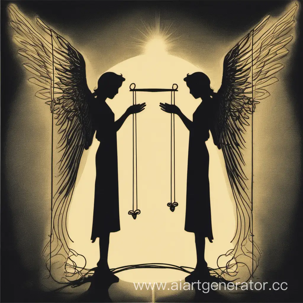 Два силуэта ангелов смотрят на две нити судьбы 
