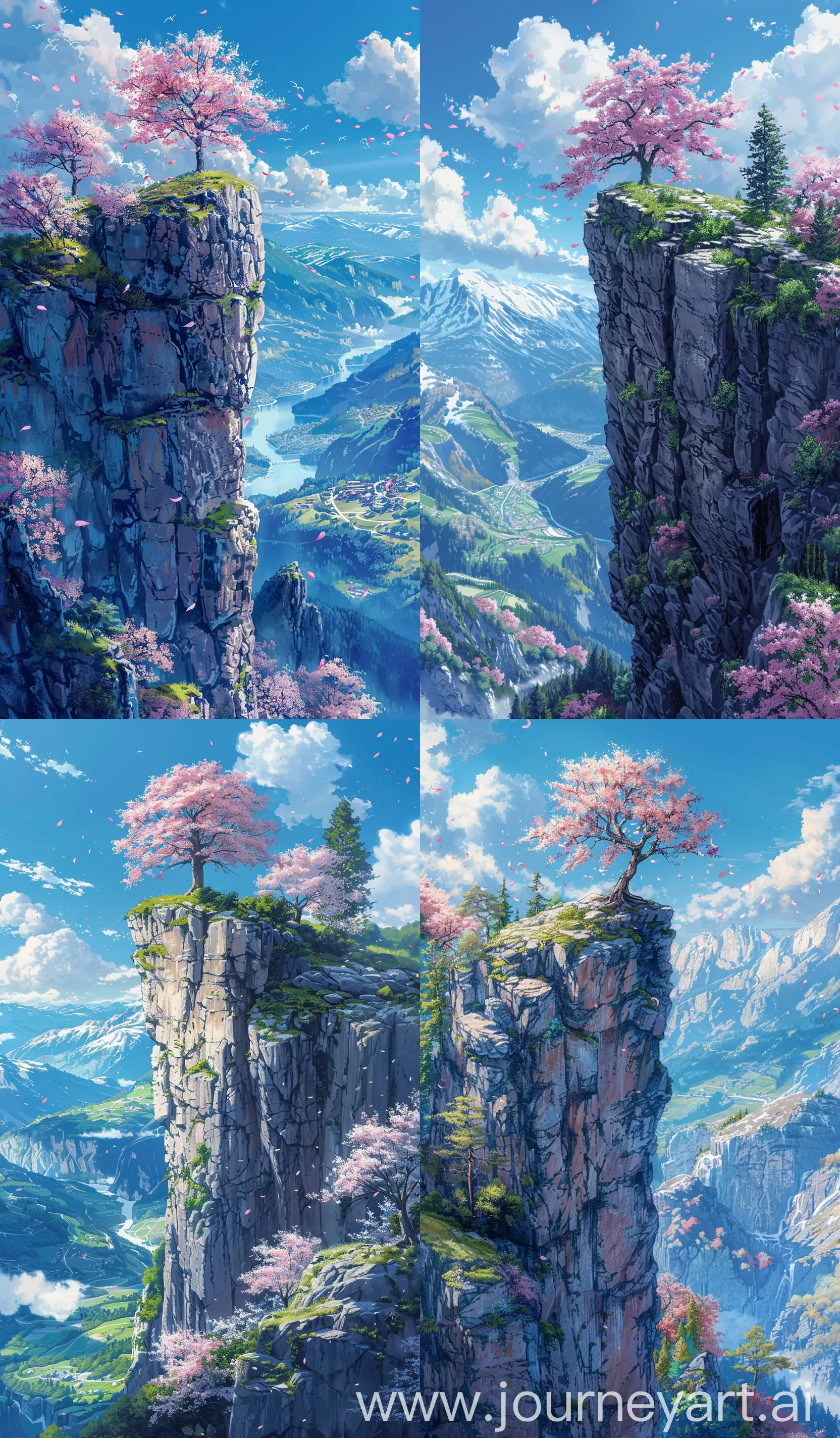 Beautiful anime scenary, mokoto shinkai style, view of rock cliff, cherry blossom tree one top , close up perspective, spring comming, beautiful contrast, blue sky, illustration, breeze, beautiful,summers,Switzerland mountain side view, ultra HD, high quality, smooth details, anime scenary, no hyperrealistic --ar 10:17 --s 400
