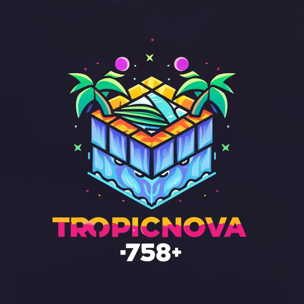 a logo design,with the text "TropicNova 758", main symbol:,floating 3d cube island tropical creative, videographic,complex,be used in Entertainment industry,clear background