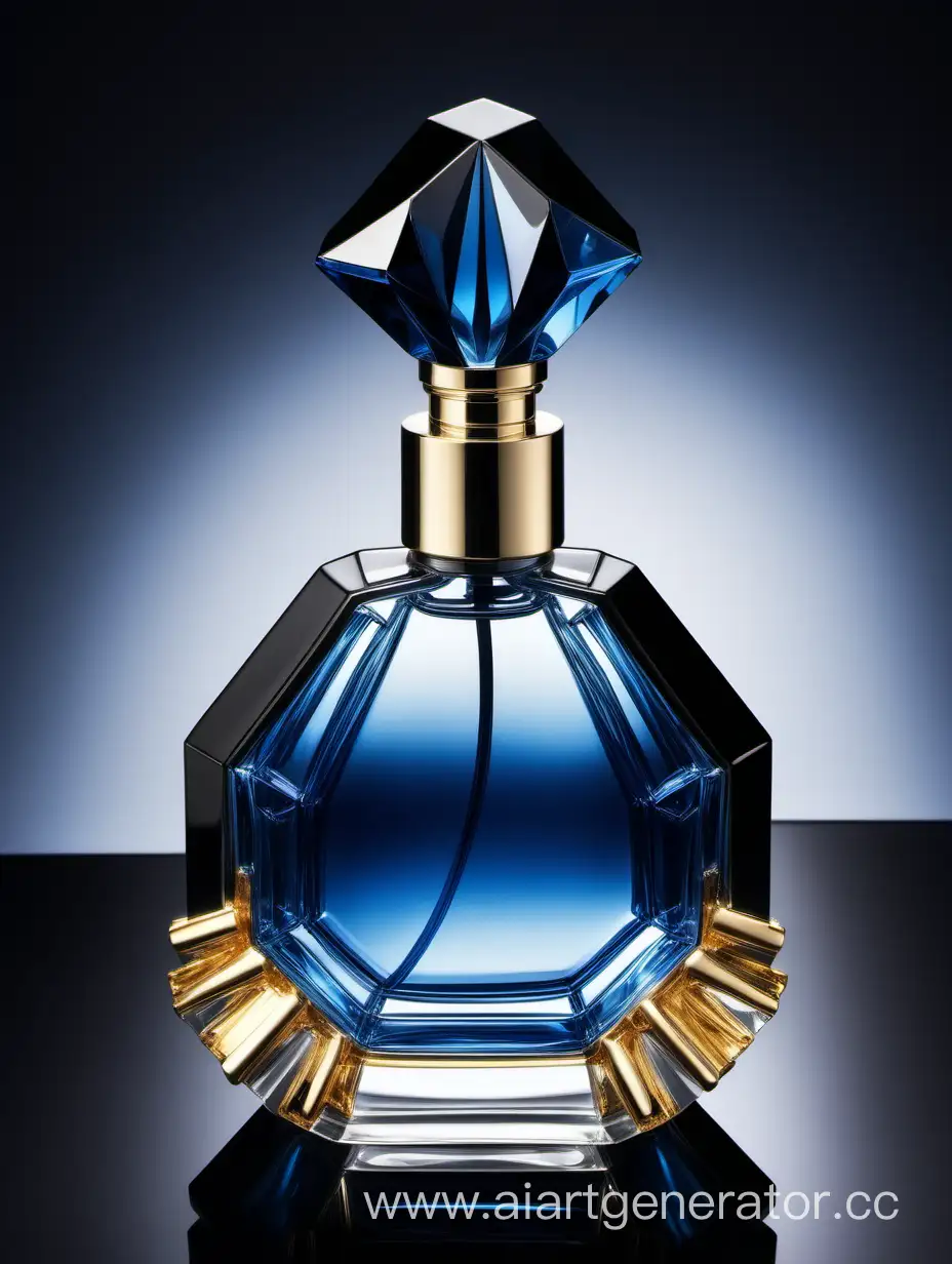 a crystal clear perfume bottle made of blue ,black and gold
transparent