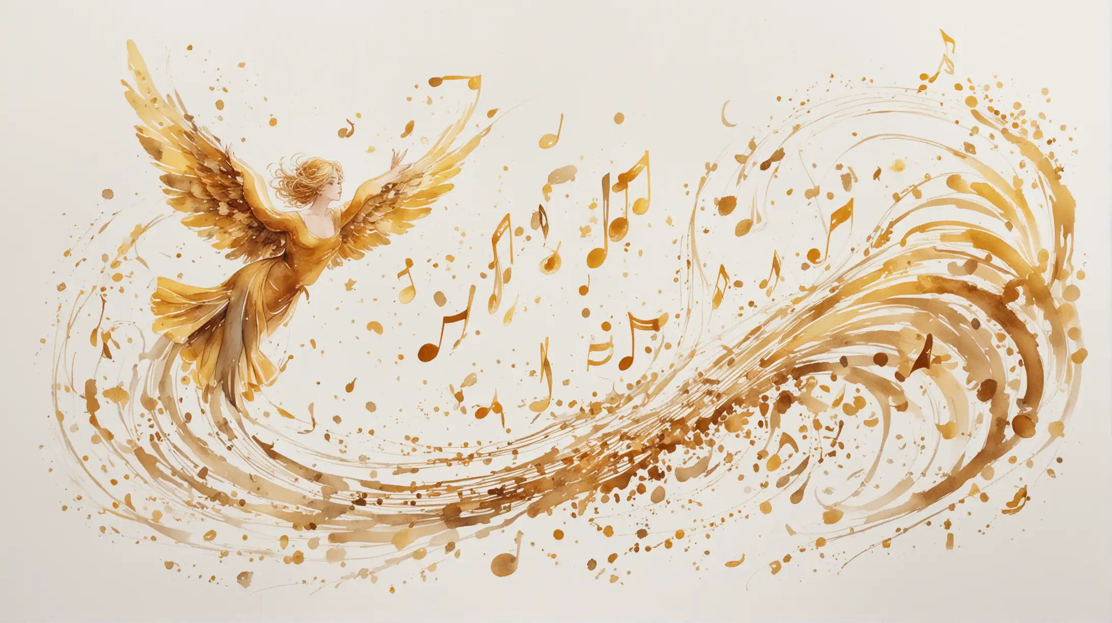 on a white background, painted in watercolor in anime style, a curling of flying golden notes, inspiration, flight, fantasy