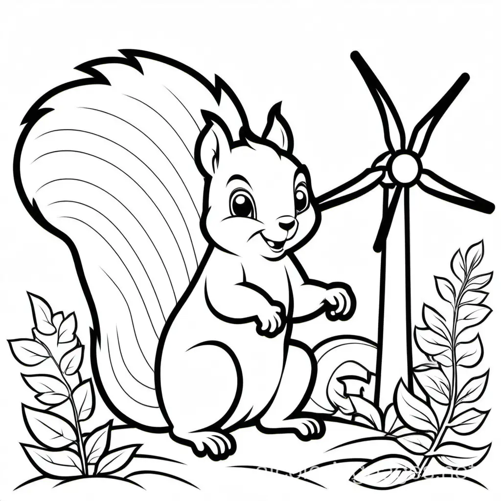 wind energy and squirrel , Coloring Page, black and white, line art, white background, Simplicity, Ample White Space. The background of the coloring page is plain white to make it easy for young children to color within the lines. The outlines of all the subjects are easy to distinguish, making it simple for kids to color without too much difficulty