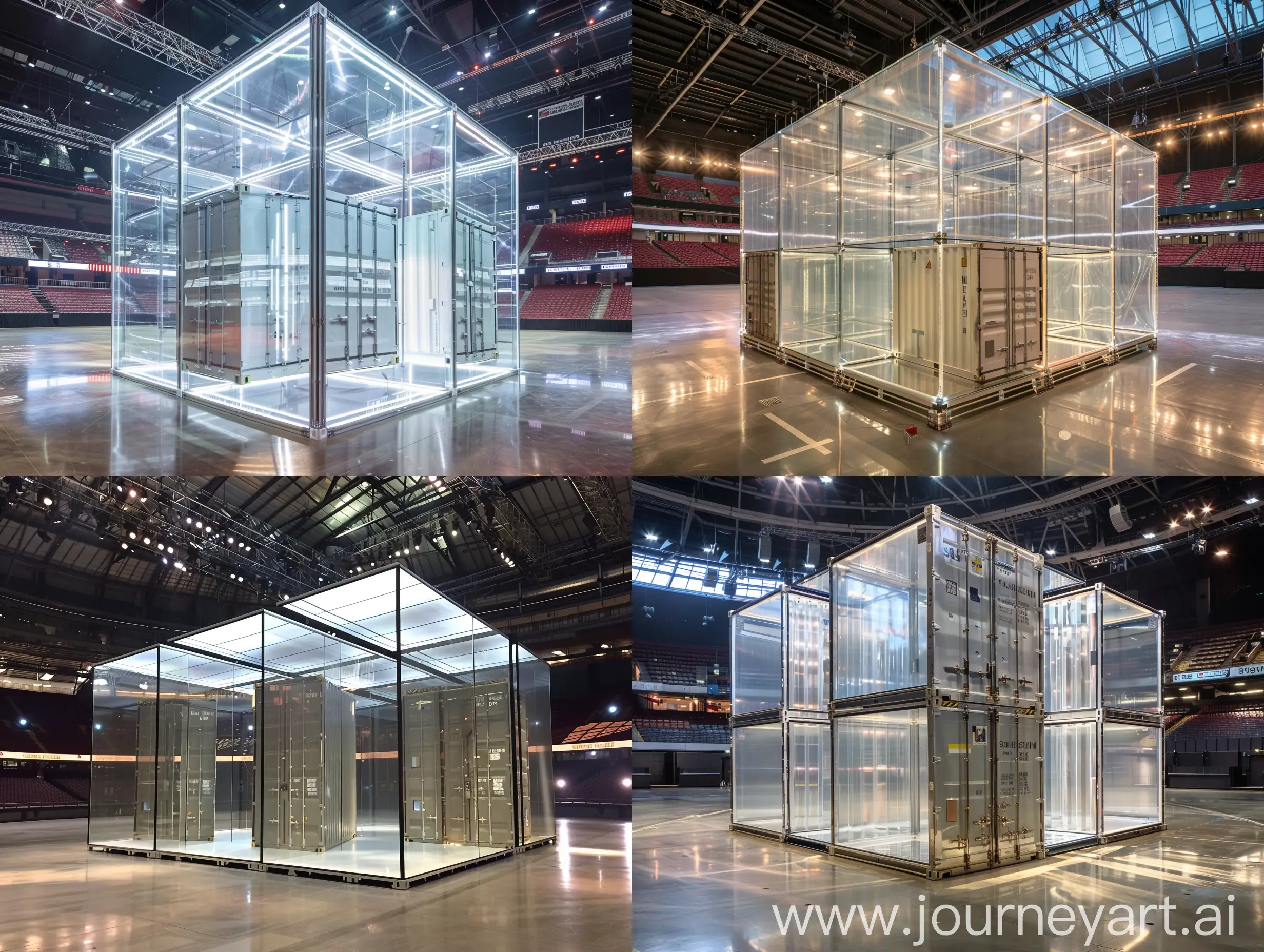 Seen inside the Manchester Arena is a fourteen meter by fourteen meter translucent mirrored cube, inside the cube are three twelve meter long by 2.4 meter high shipping containers, the containers are stacked one on top of the other and rotated by 90 degrees on the horizontal plane, each container has glass doors at each end