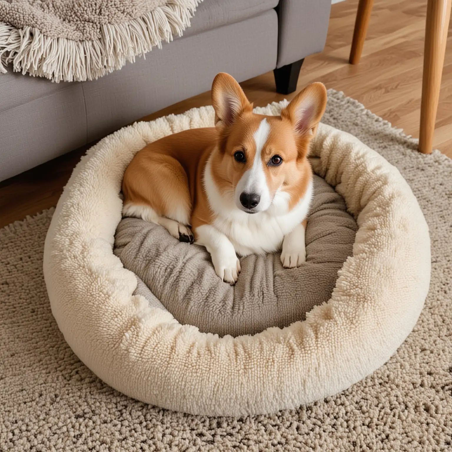 a corgi curled up in a dog bed on a rug in the living room