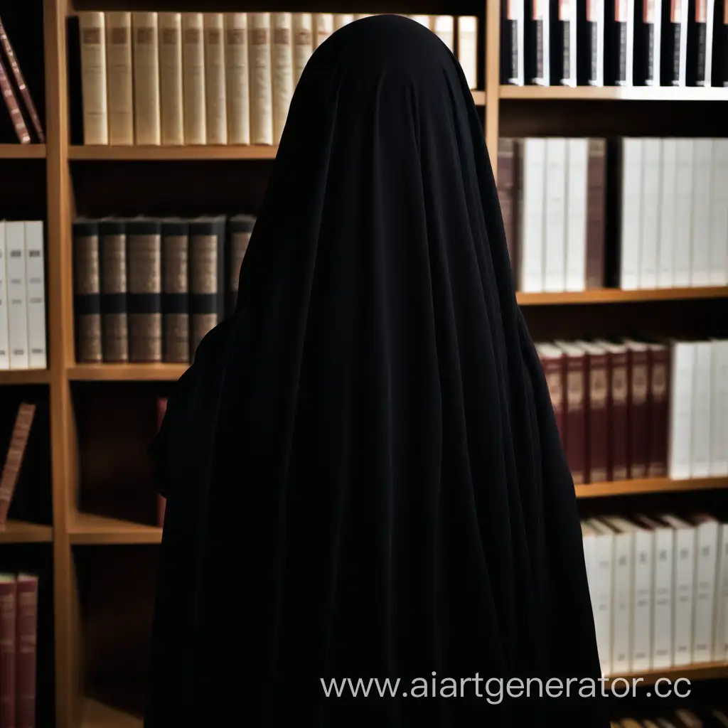 Мусульманка в широком черном покрывале, которое полностью ее закрывает стоит спиной к нам рядом с большим книжным шкафом с книгой в руке