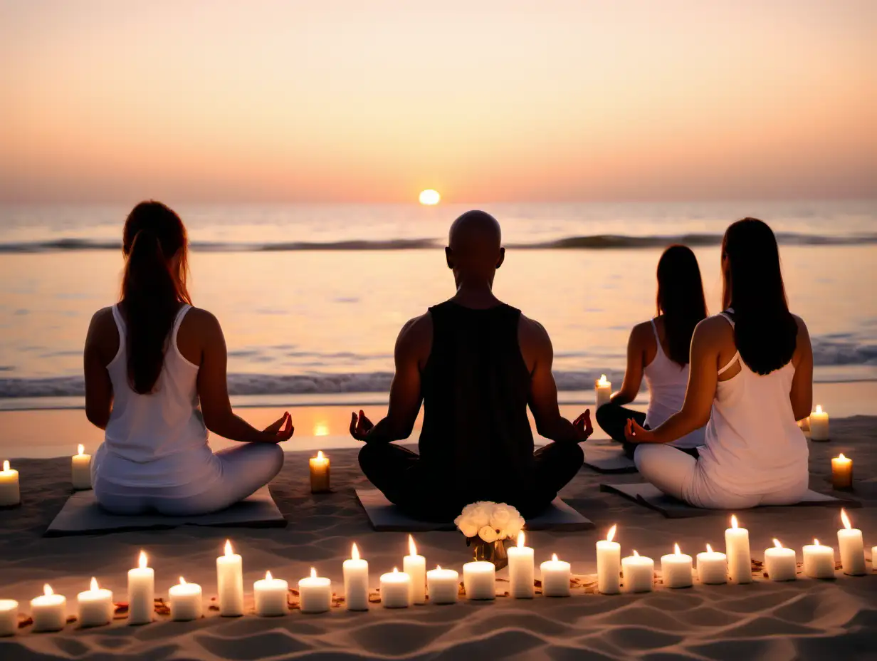 Image a group of people meditating, at the beach,  white roses and candles, sunset