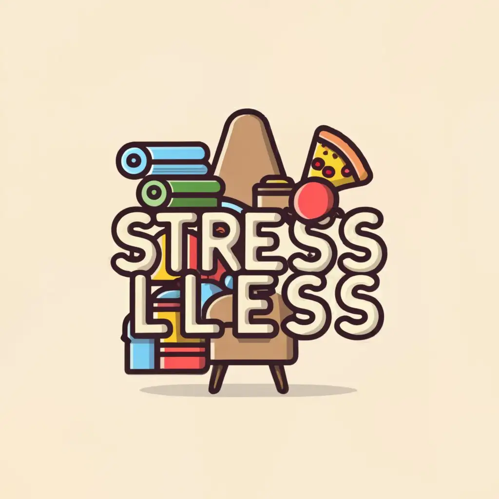 a logo design,with the text "Stress Less ", main symbol:Pile of clothes on a chair. Pizza box on the floor,complex,clear background