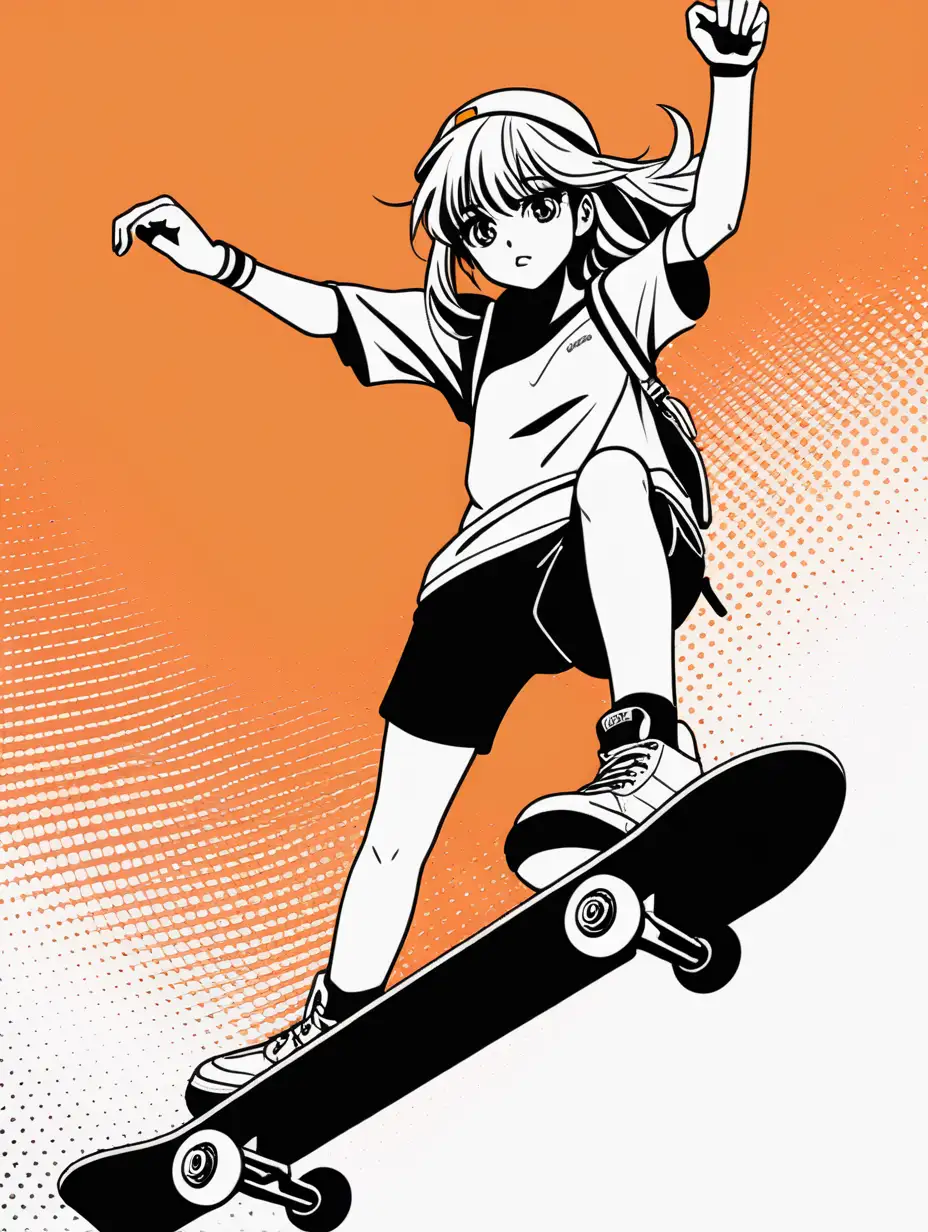 Anime Girl Hero Skateboarding Poster Minimalistic Design in Orange Black and White Halftone Colors