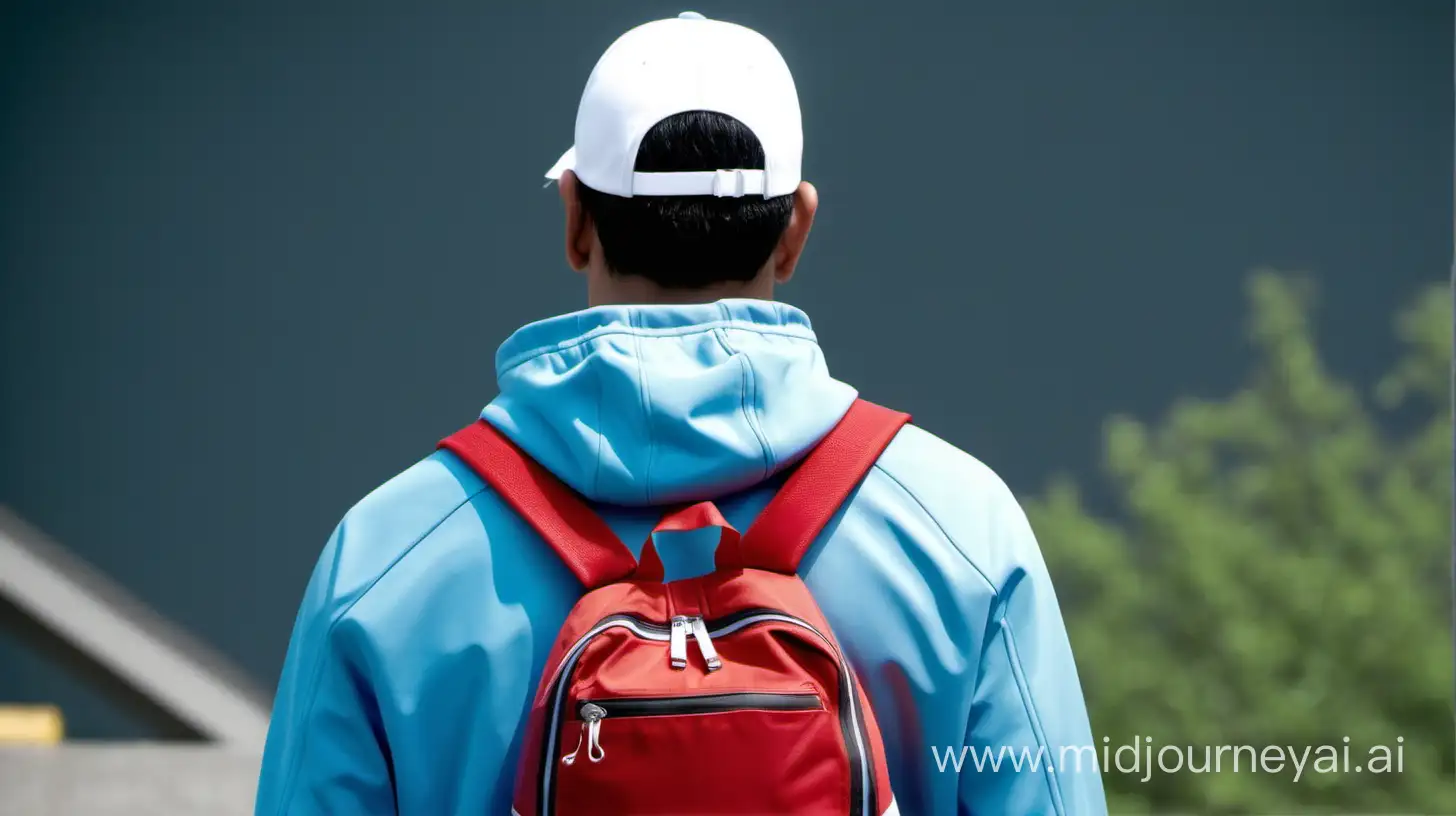 Back of man from torso up, wearing a thin light blue athletic jacket, also wearing a white visor and a red backpack, looking straight ahead