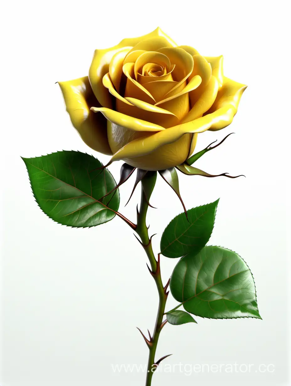 realistic dark yellow Rose 8k hd with fresh lush 2 green leaves on white background