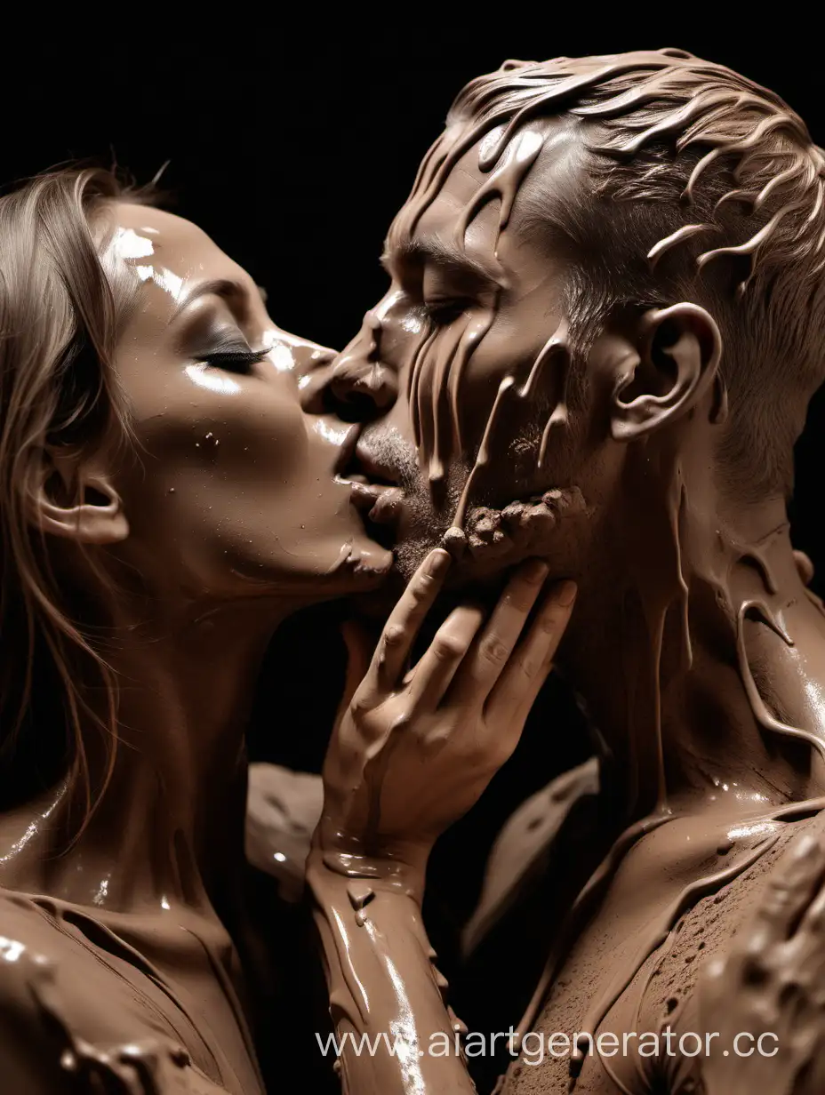 A very beautiful woman kisses a man. This man is completely covered in clay. Clay drips down the man's body.