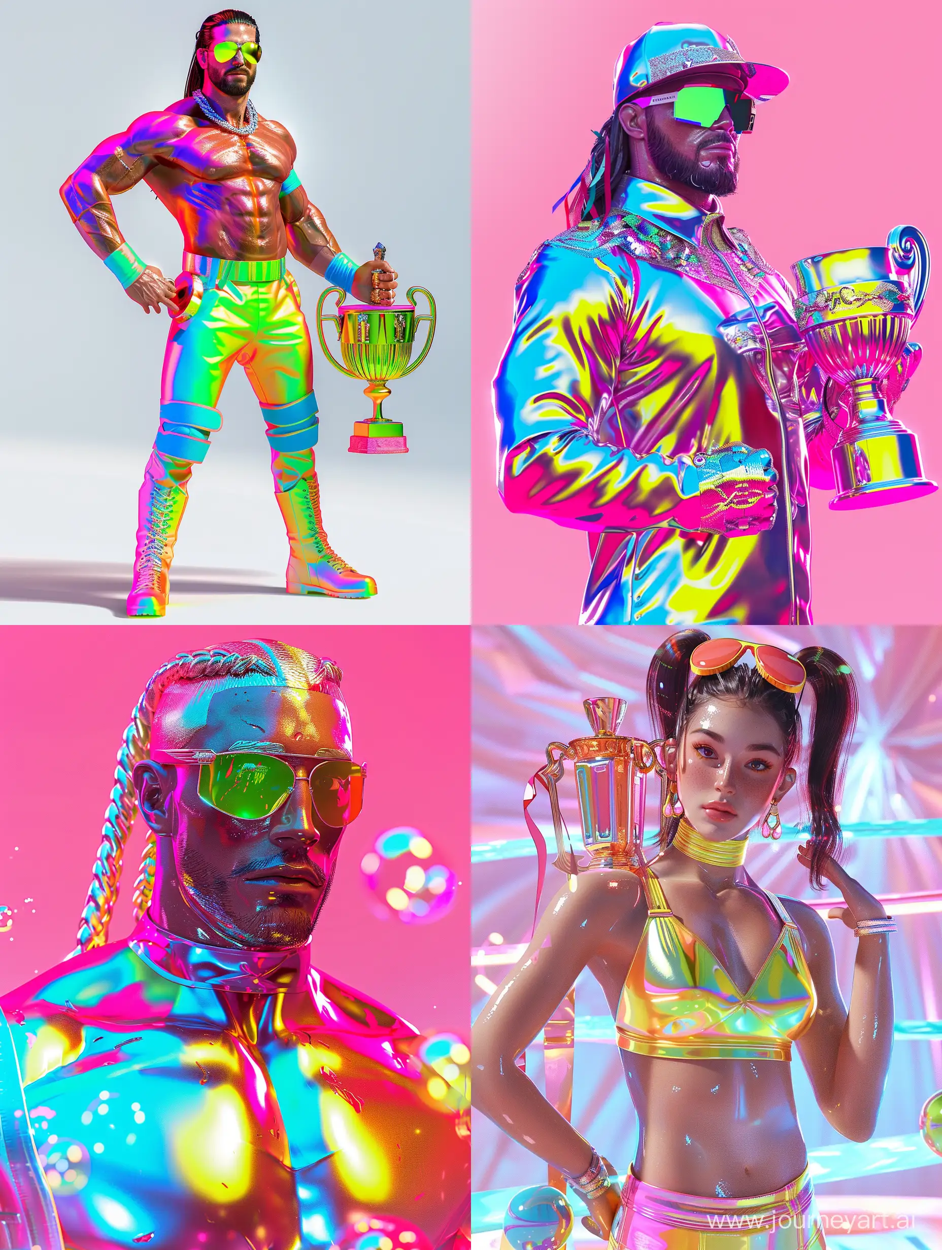 Realistic 3D cartoon style rendering, roman reigns, pro wrestling wwe, trophy, summer fashion clothing, candy-colored clothes, new popular portraits, fashion illustrations, bright colors, neon realism, bubble mart production,WWE champion, glossy and delicate, clean background, 3D rendering, OC rendering ,8k