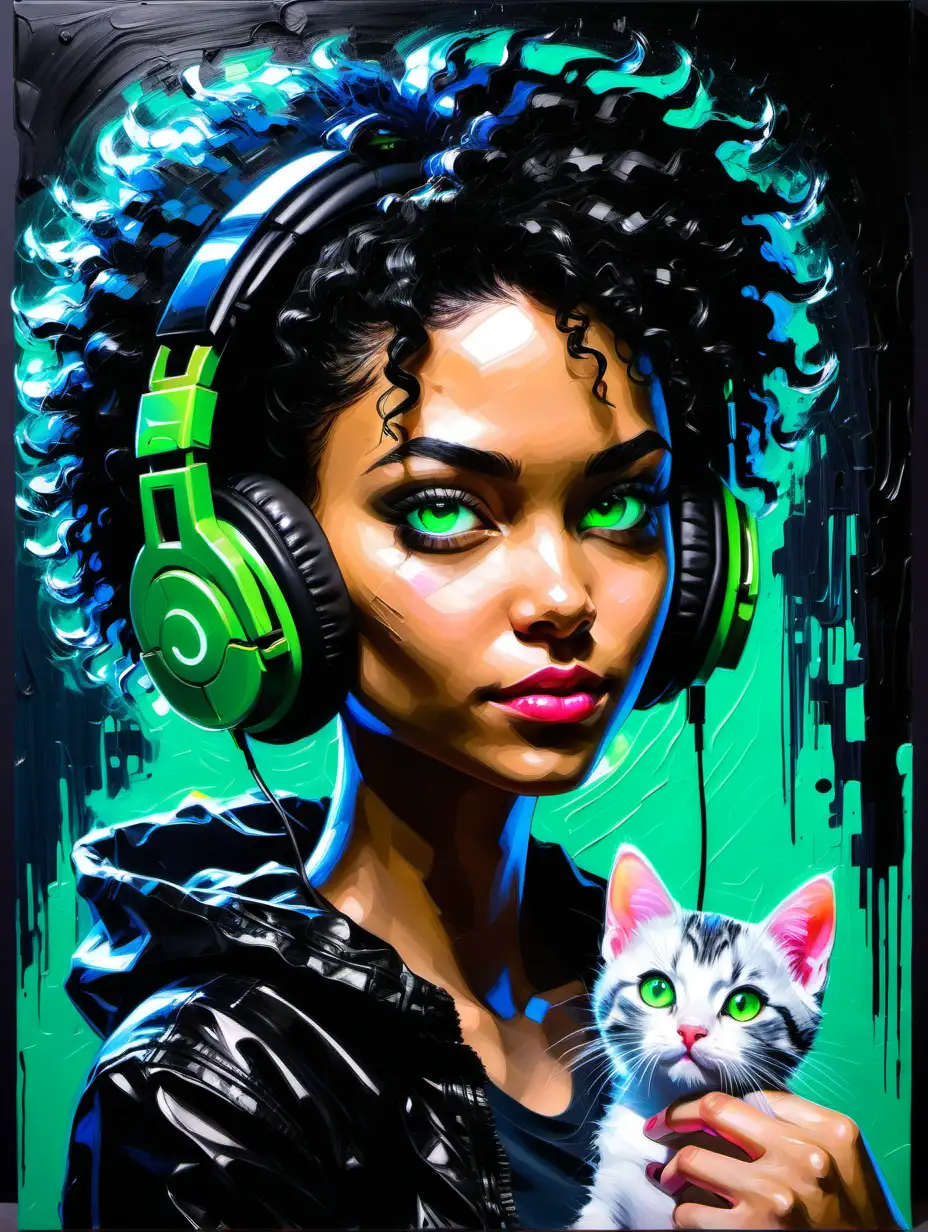 Palette knife painting of gamer girl with a kitten ,headphones and jet black Afro hair, emerald green eyes, looking over her shoulder, vibrant colors, neon lights, palette knife painting