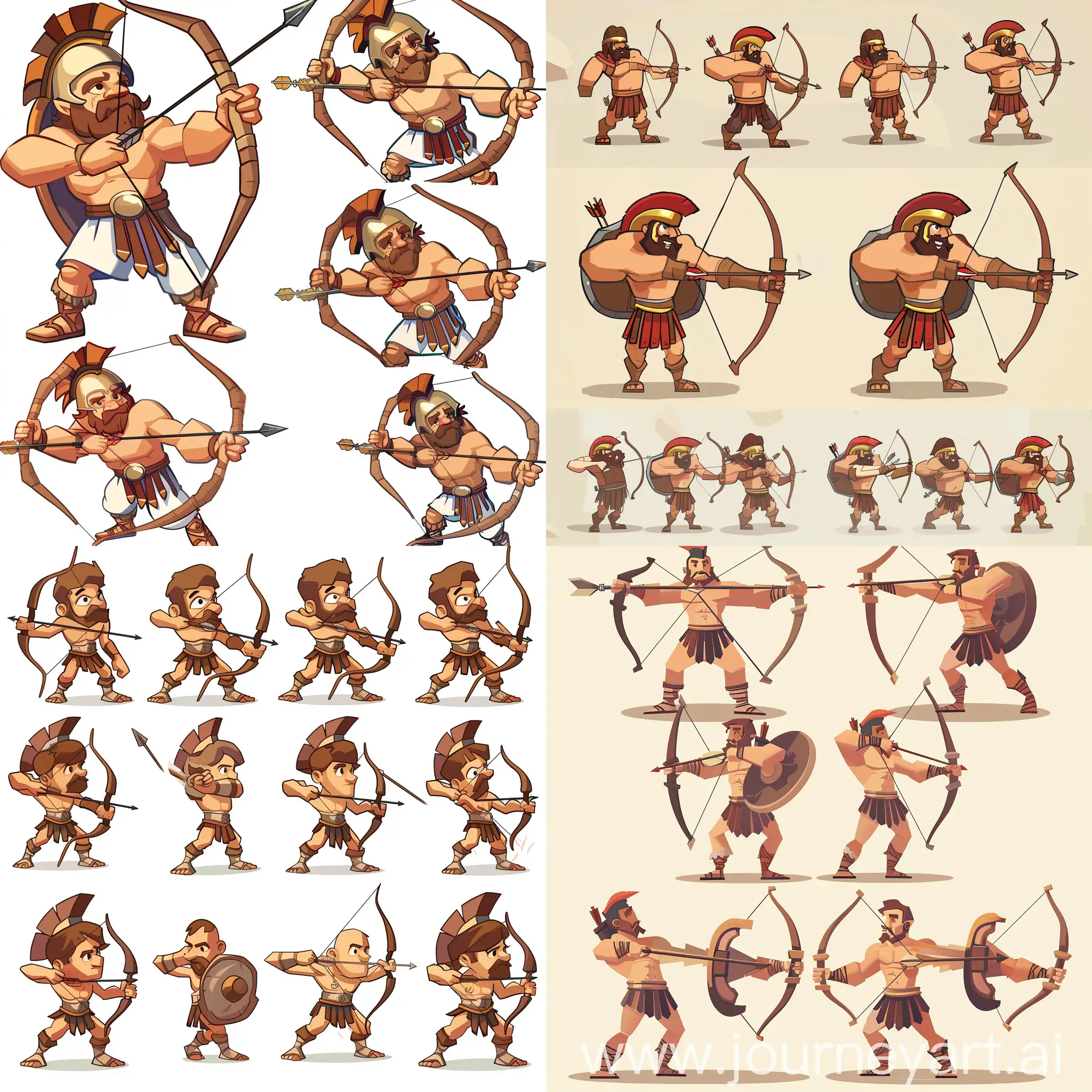 Create a sprite sheet for a greek archer, make the character look like a clash royale character, Make the sprite sheet have a top-down perspective of the character like a rpg, include movements like going forwards and backwards and attacks