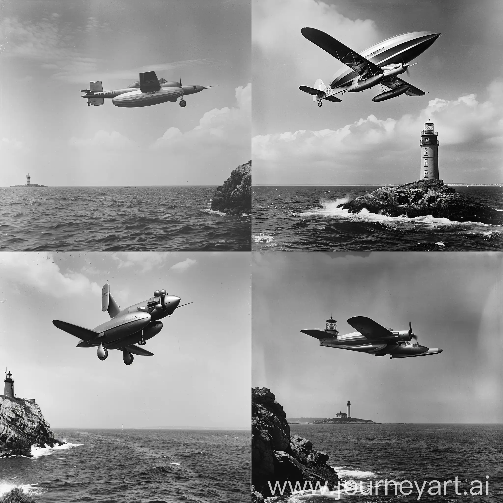 Black and white photo of experimental aircraft a mix of a plane and a dirigible flying over the ocean with a lighthouse on the background
