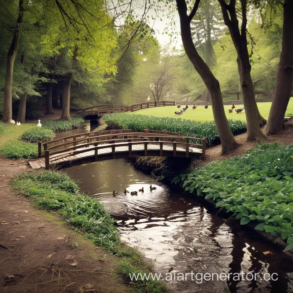 Tranquil-Forest-Stream-with-Ducks-and-Charming-Bridge
