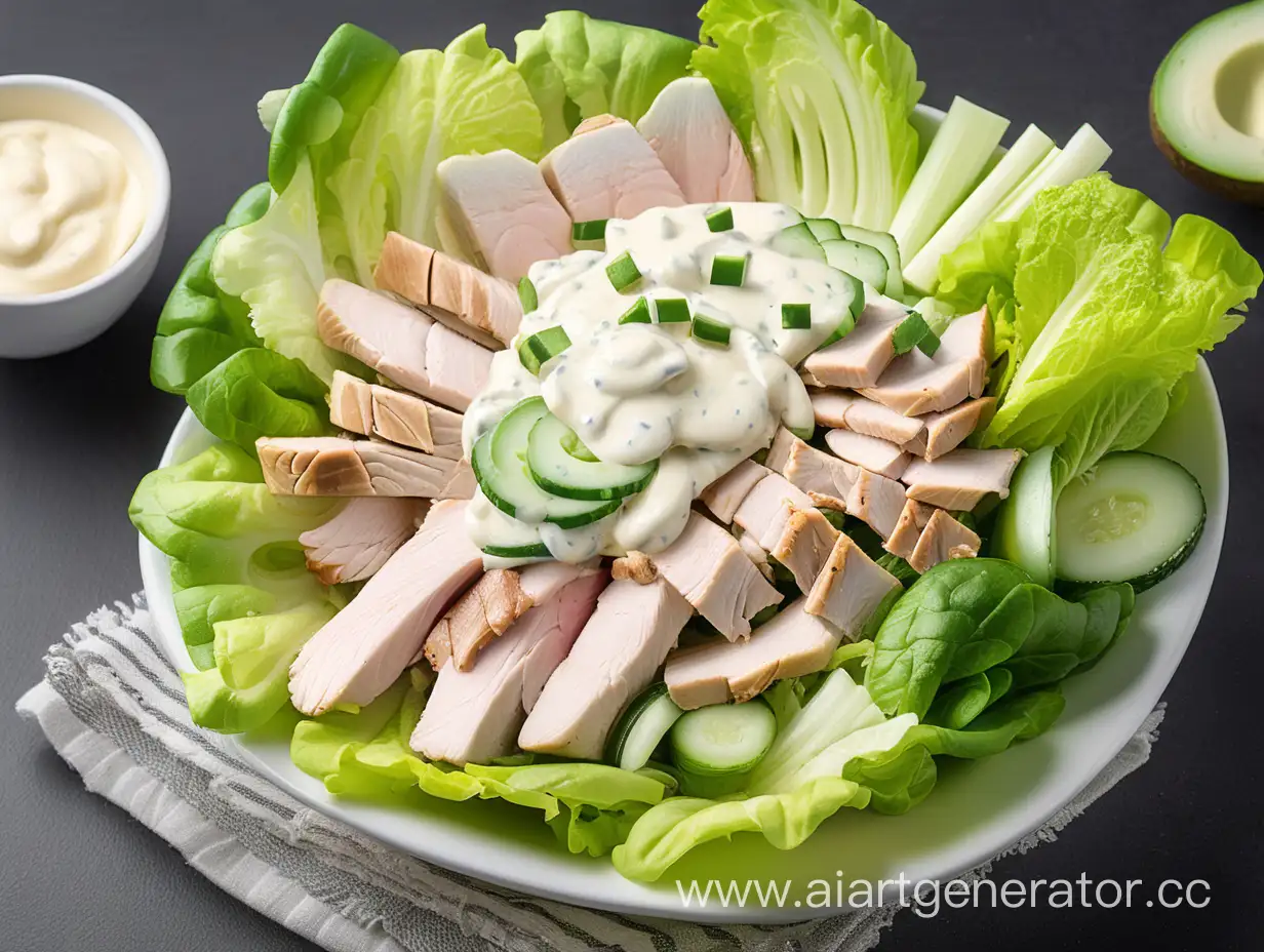Keto salad with turkey, romaine lettuce, cucumber, and celery, dressed with homemade mayonnaise