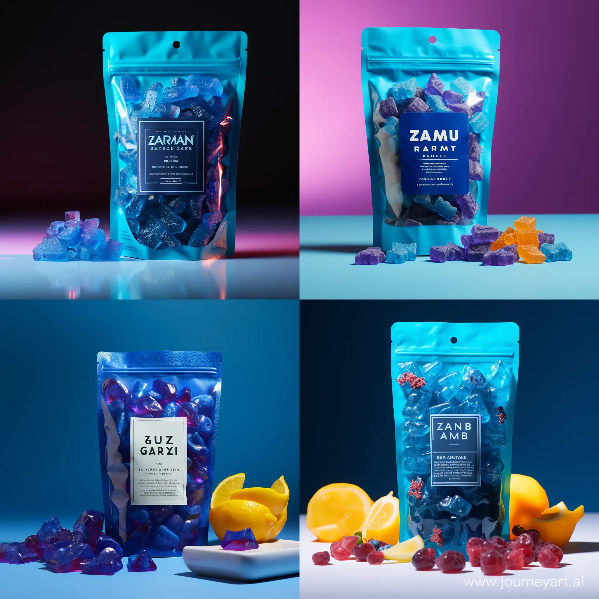 cannabis gummy packaging for a High dose product with flavor being sour blue raz. A product shot with studio lighting and fruit 

