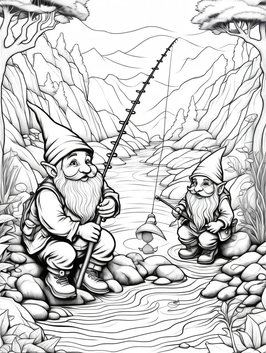 coloring page, gnomes fishing, thick lines, low detail, no shading,
