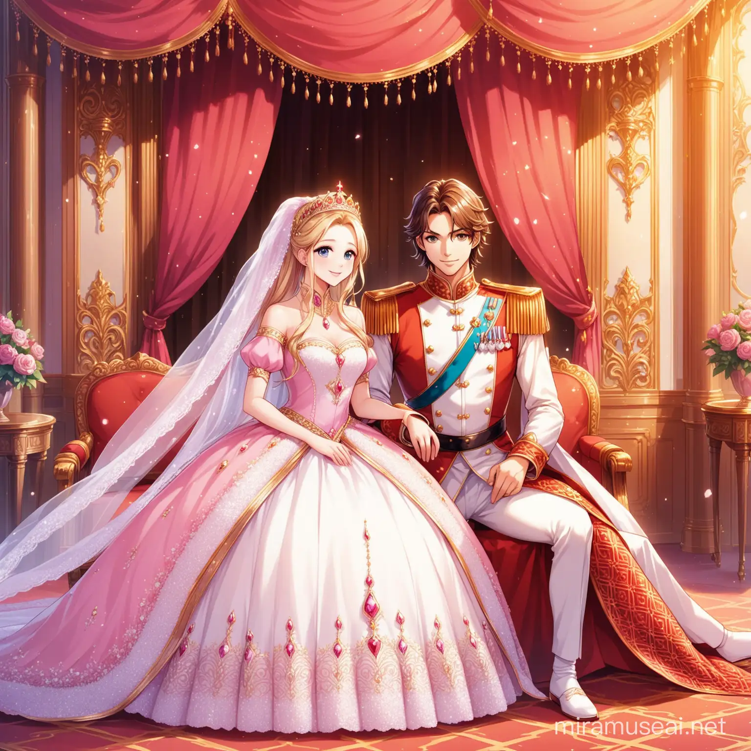 Royal Couple Embracing in Enchanted Palace of Love