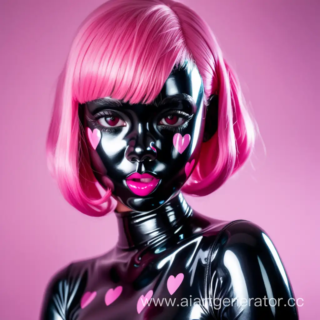 
Латексная девушка с черной глянцевой латексной кожей. С черным латексным лицом. С розовыми резиновыми волосами с розовыми сердечками на щеках.