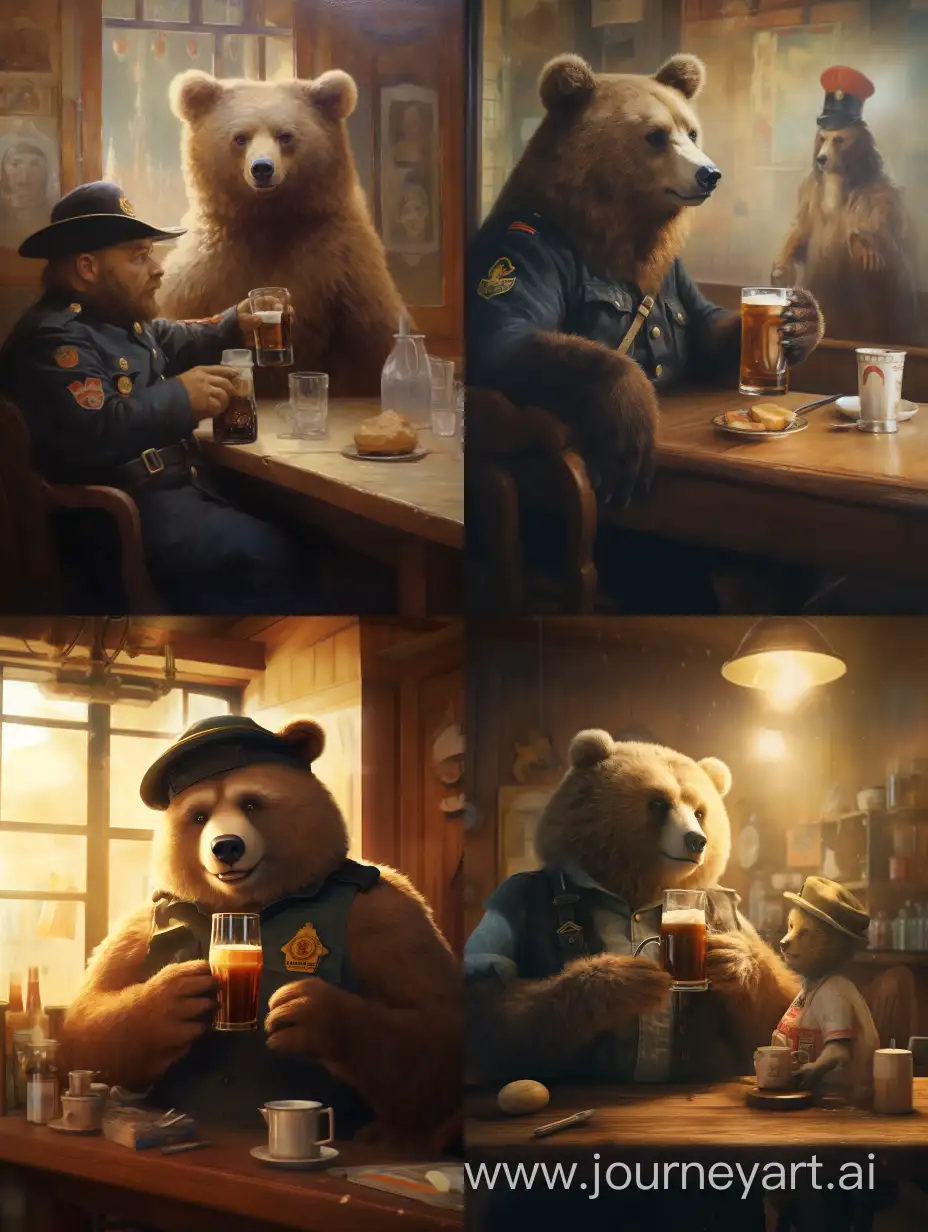 Медведь шериф пьет пиво с кошкой медсестрой в баре 