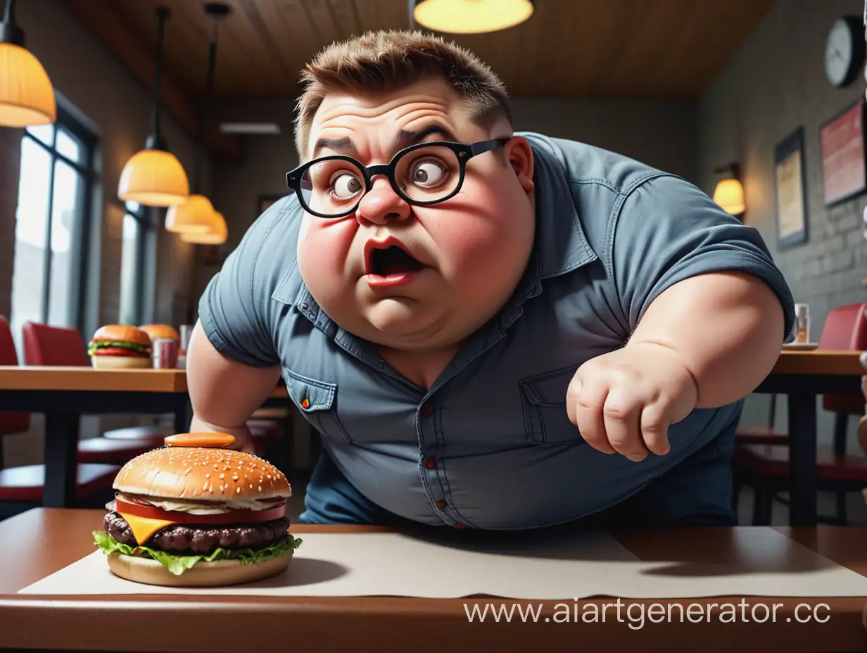 Short-Dwarf-in-Glasses-Reaching-for-Burger-on-Tall-Table