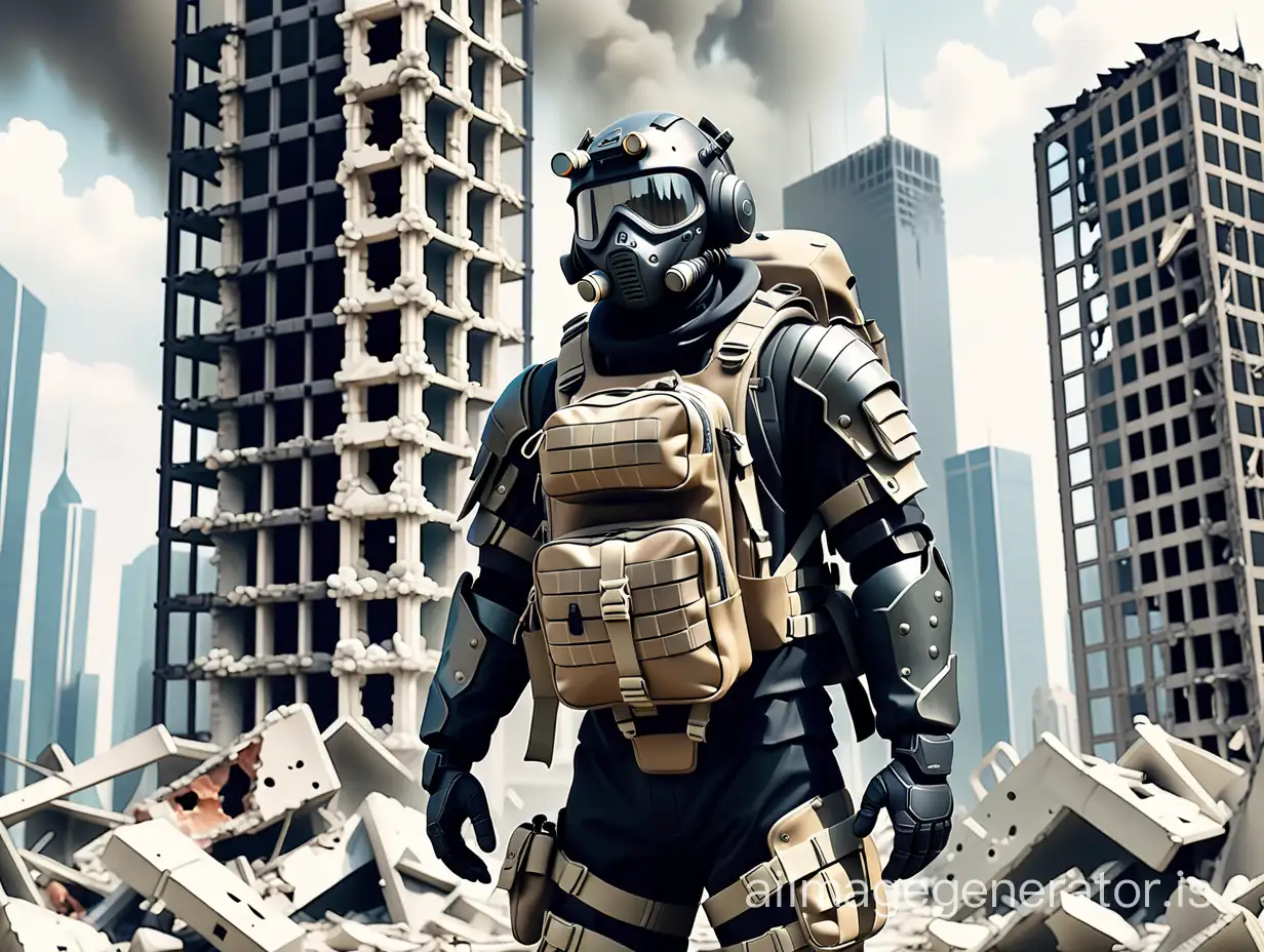 Survivor in Modern Armored Suit Amid Skyscraper Ruins | AI Image Generator