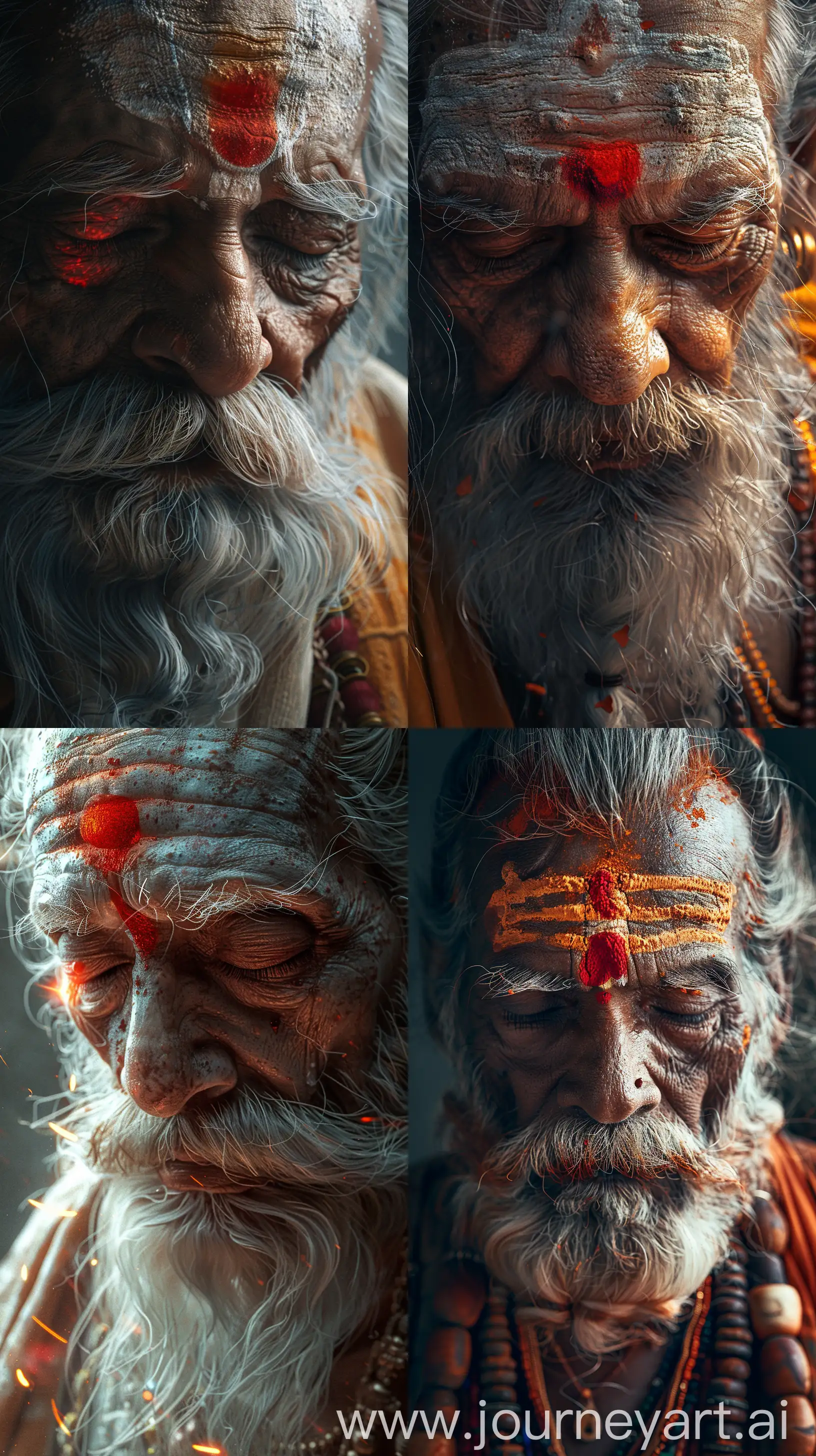 Elderly Indian sage, ancient times vibe, closed left eye, red fluid flowing from his left eye, close-up, high resolution 8k detail, wise expression, aged skin textures, traditional attire, mystical aura --s 300 --ar 9:16 --v 6