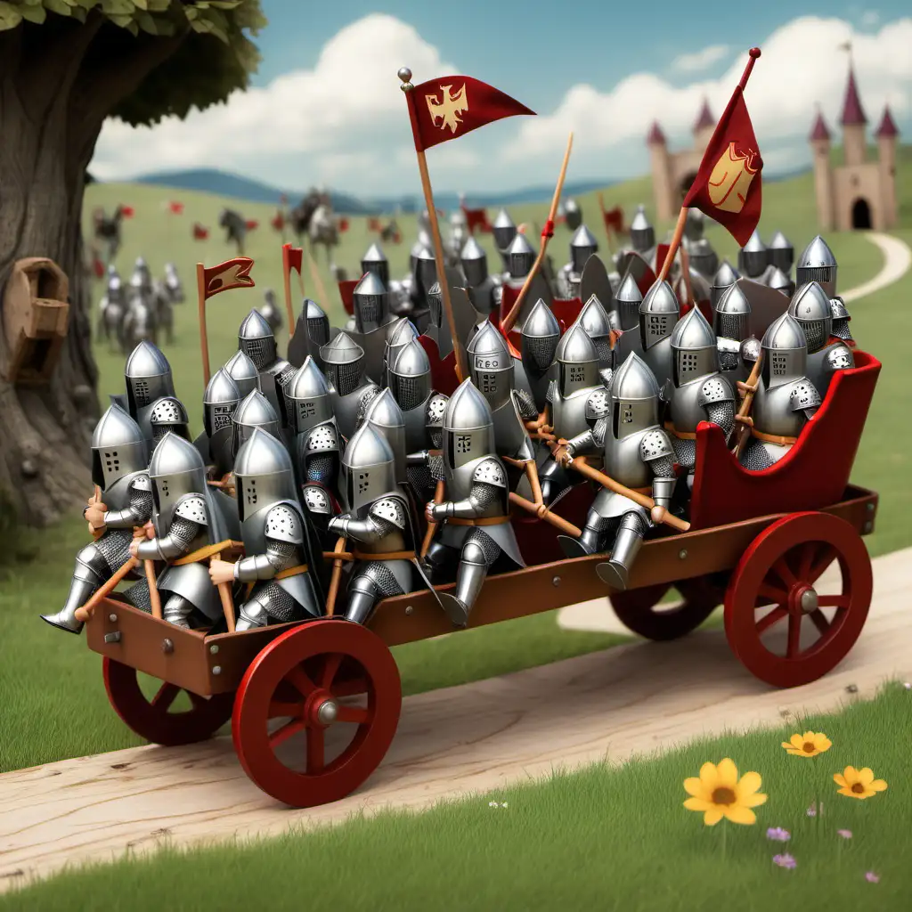 A knight pulling 26 little knights in a wagon 