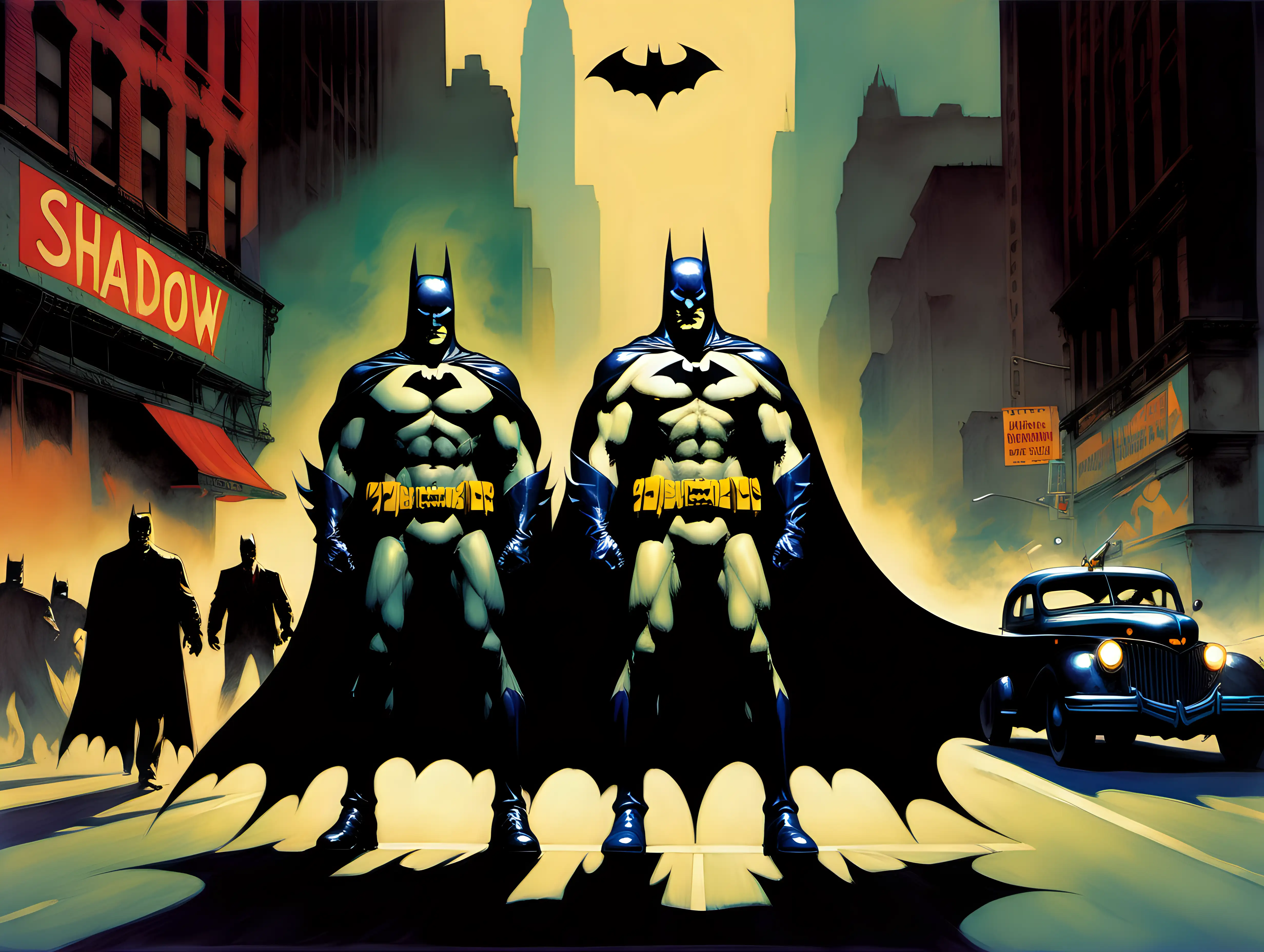 Dynamic FrazettaStyle Showdown The Shadow and Batman Fight Crime in NYC