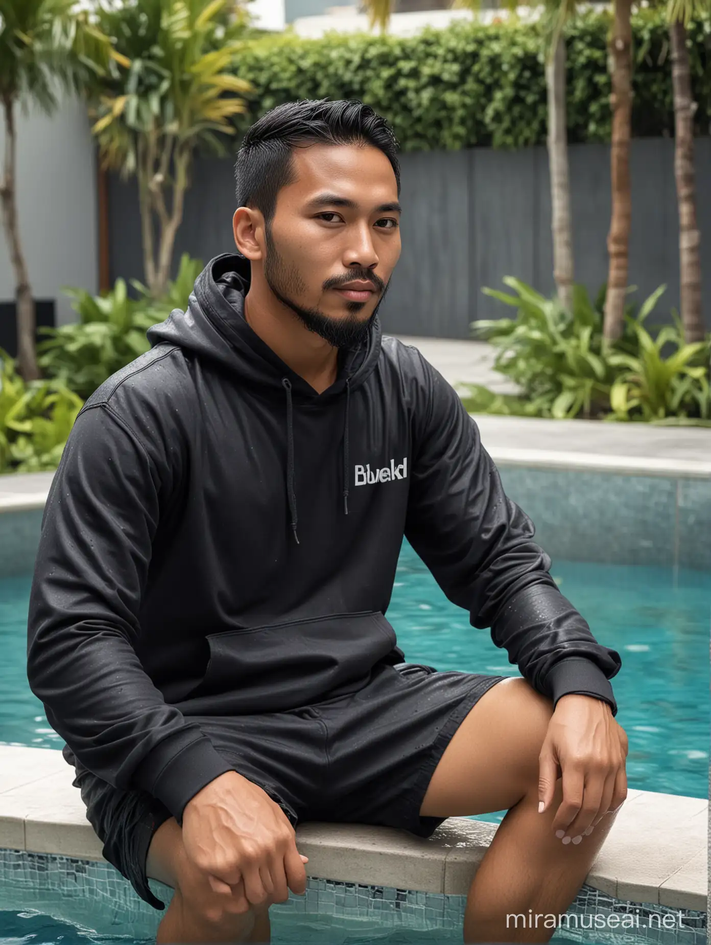 a handsome 33 year old Indonesian man, thin beard, short and wet hair, he have fat body, wearing a plain black hoodie and black shorts, he is sitting next to a clear swimming pool, super detailed and very realistic picture