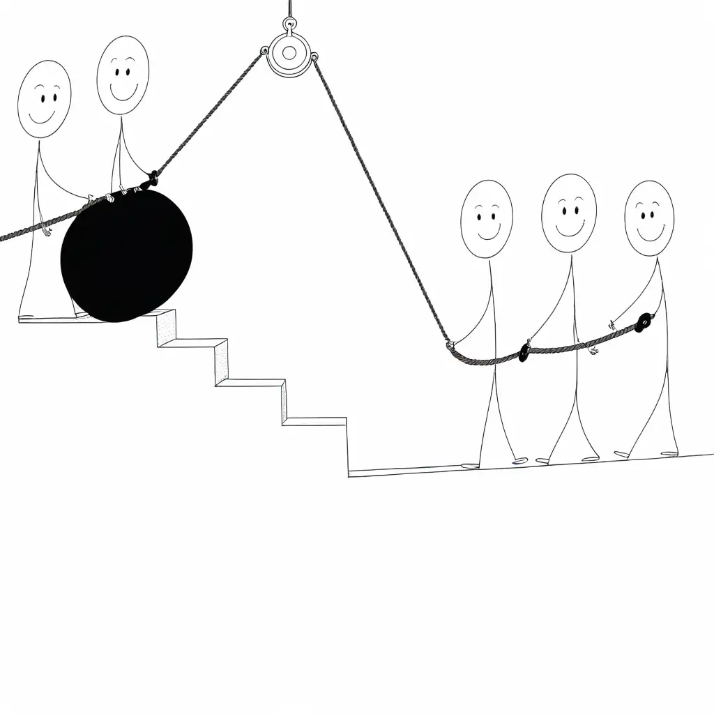 the two people at the top of the stairs are pushing down this heavy black object that is attached to the rope of the pulley