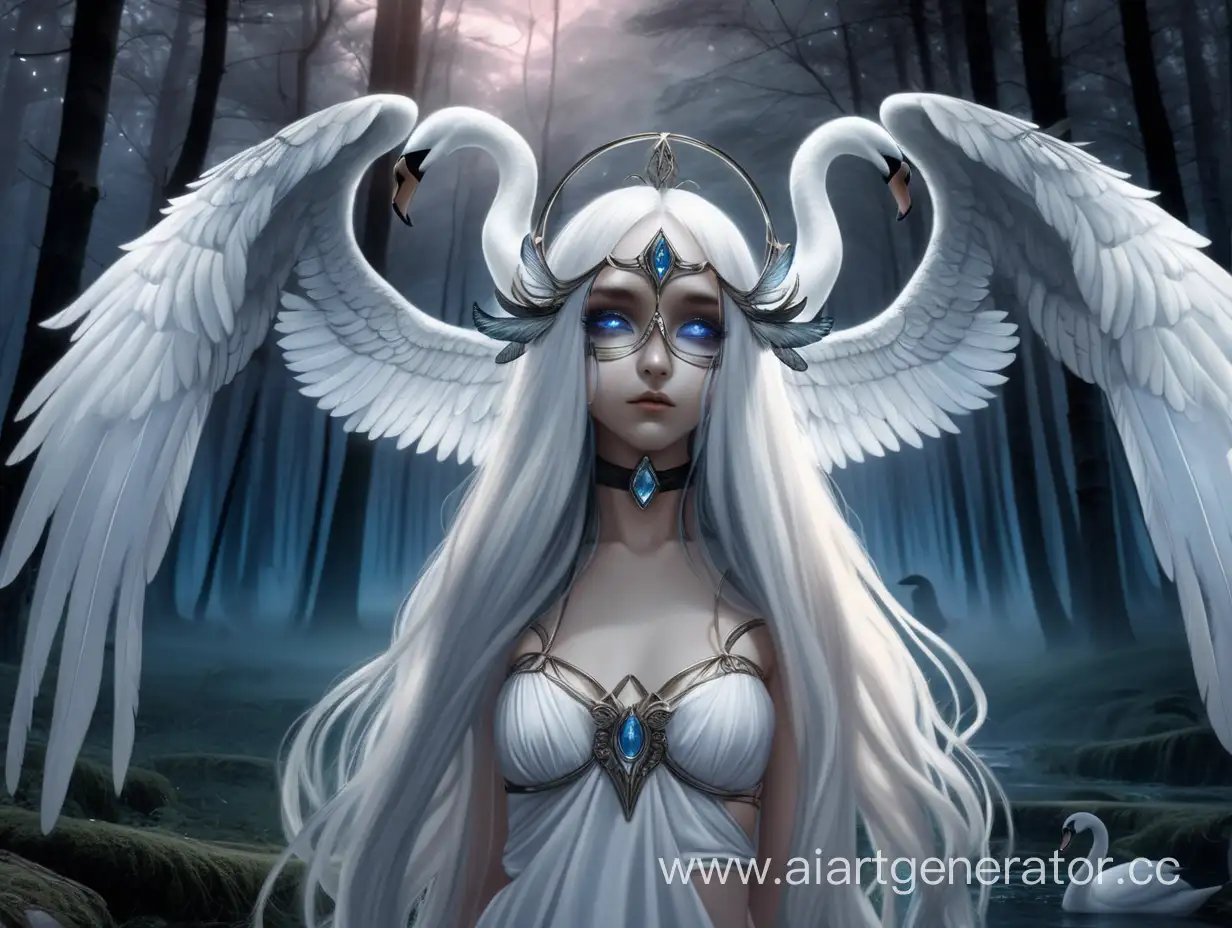 Богиня, лебединая маска, маленькие крылья за головой, стеклянные глаза, длинные белые волосы, юбка в виде крыльев, кольца за головой, сумрачный лес, белый, серый, голубой, чёрный