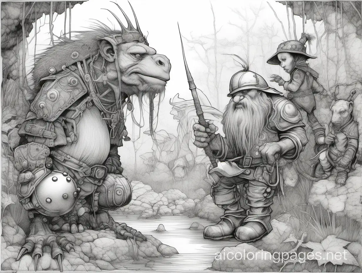 Pen and ink sketch, illustration by Jean Baptiste Monge,  Simon Bisley,  highly detailed elegant fantasy intricate very attractive beautiful high detail, Coloring Page, black and white, line art, white background, Simplicity, Ample White Space. The background of the coloring page is plain white to make it easy for young children to color within the lines. The outlines of all the subjects are easy to distinguish, making it simple for kids to color without too much difficulty