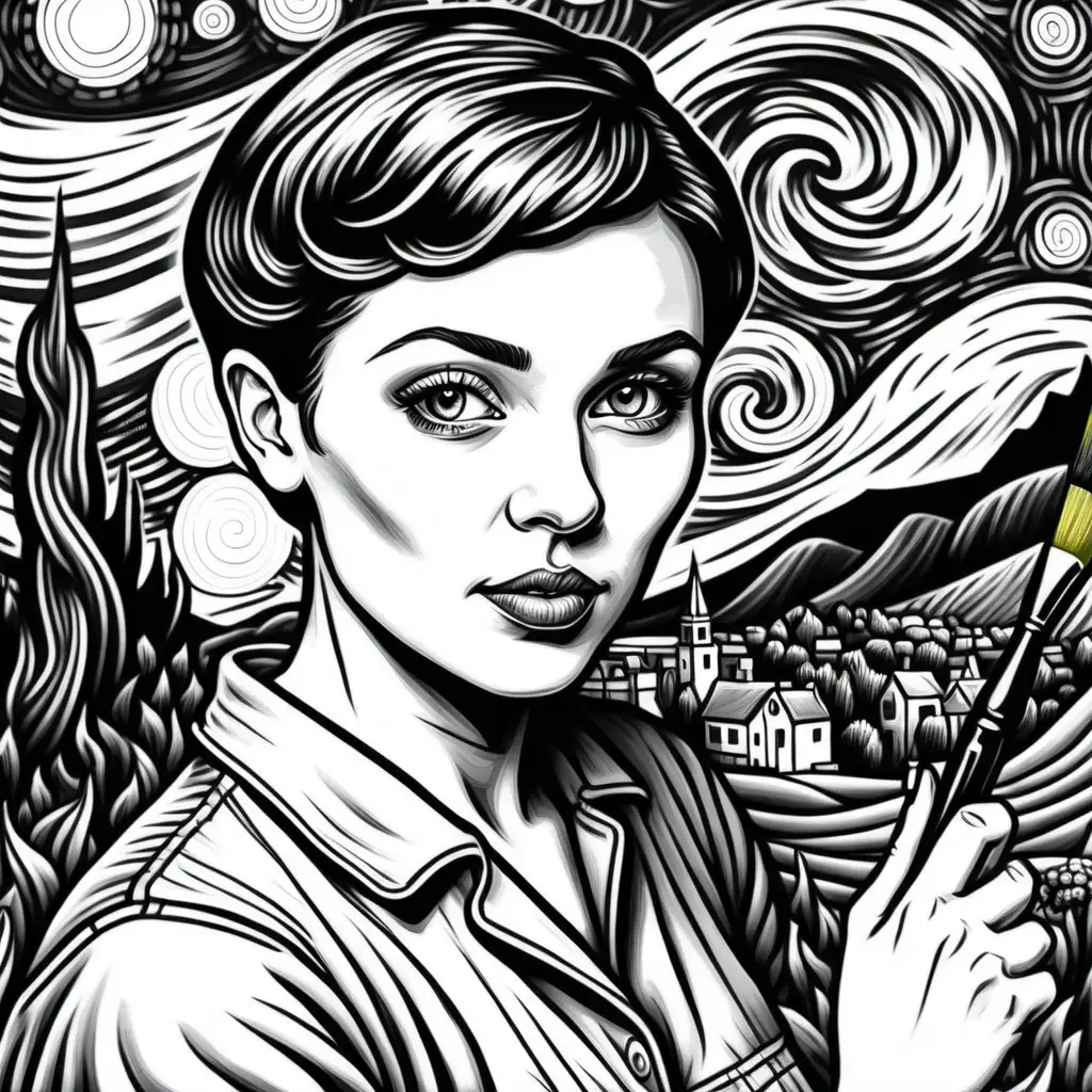 adult coloring book, black and white. Illustrated, dark lined, no shading, Highly detailed. Pop art style illustration of a woman with very short hair holding one paintbrush in one hand, painting a masterpiece inspired by van gogh on a canvas with passion and skill.