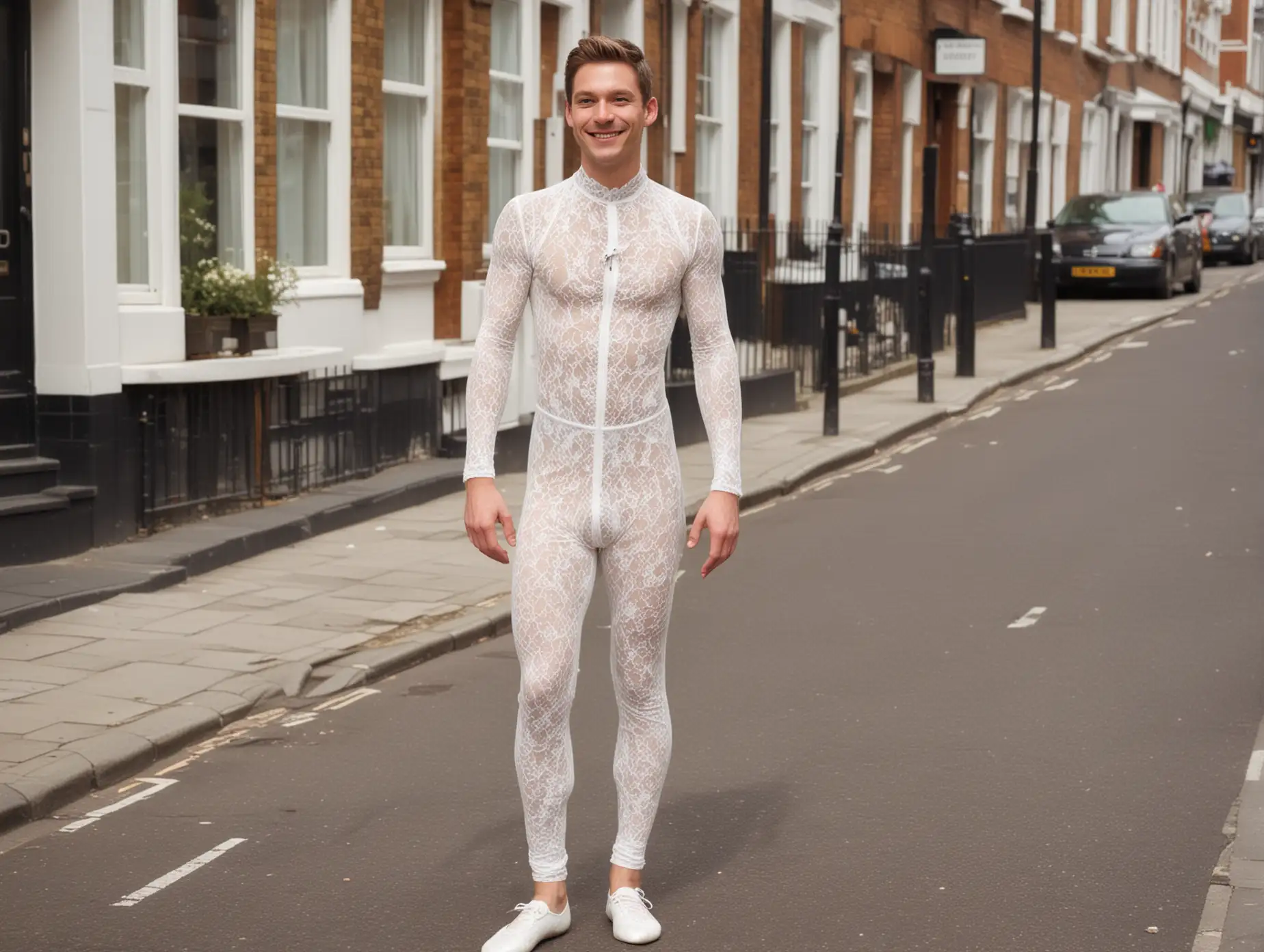 30 year old boy in skin-tight white lace catsuit.  white ballet shoes.  smiling at camera in a London street
