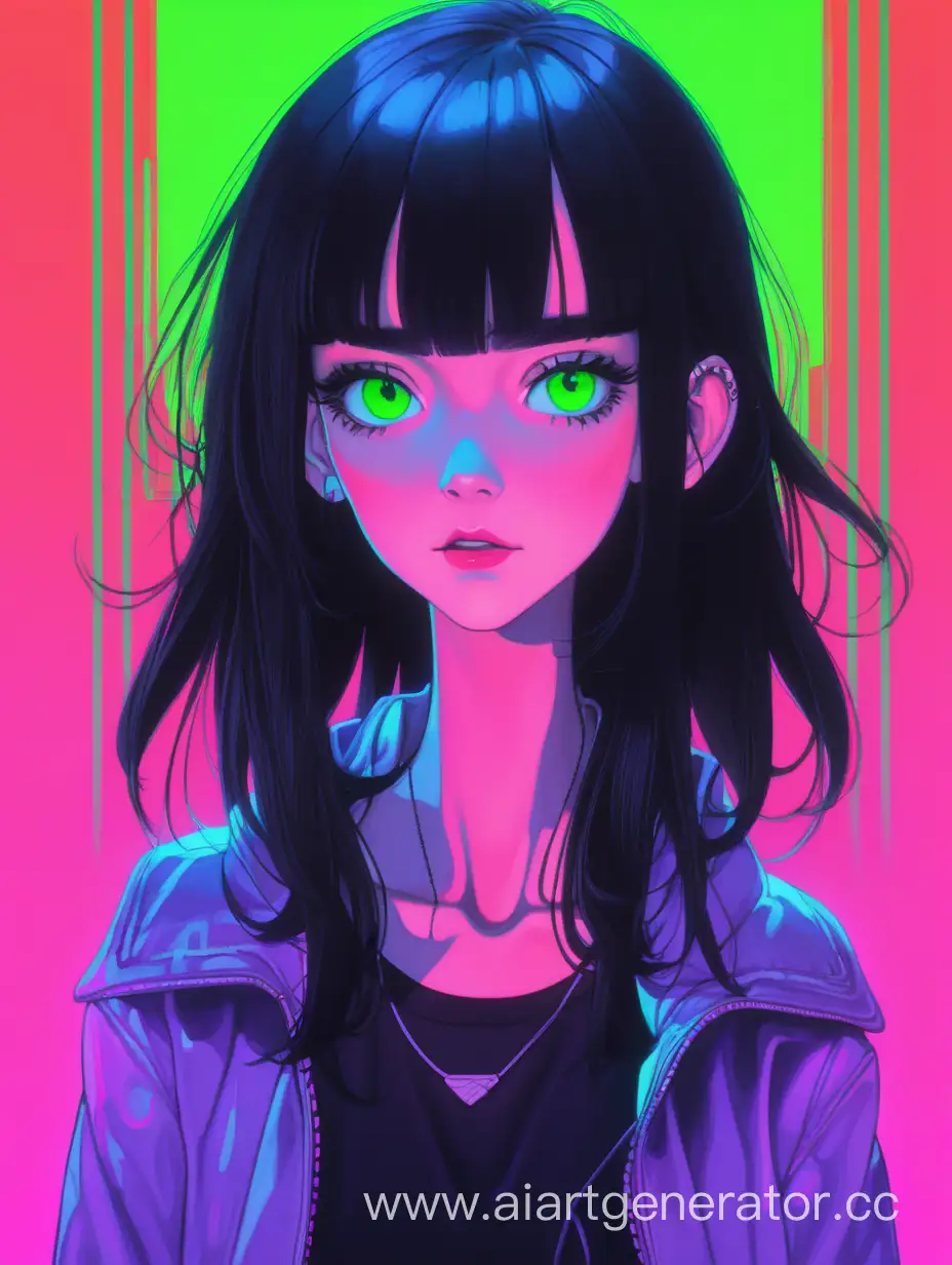 Высокая девушка с черными волосами и зелёными глазами неоновый фон 