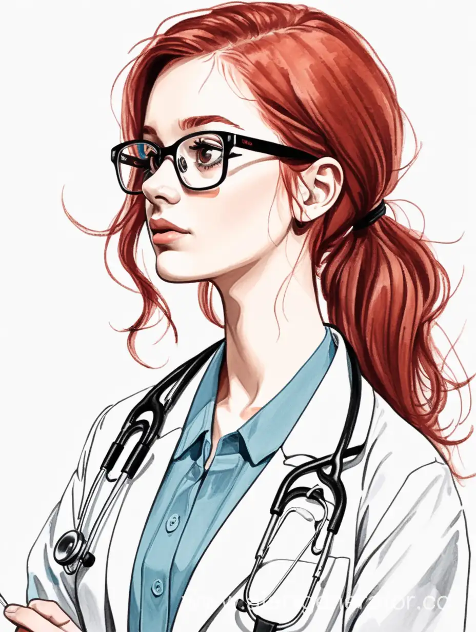 A red-haired girl with glasses is a doctor in the style of sketches