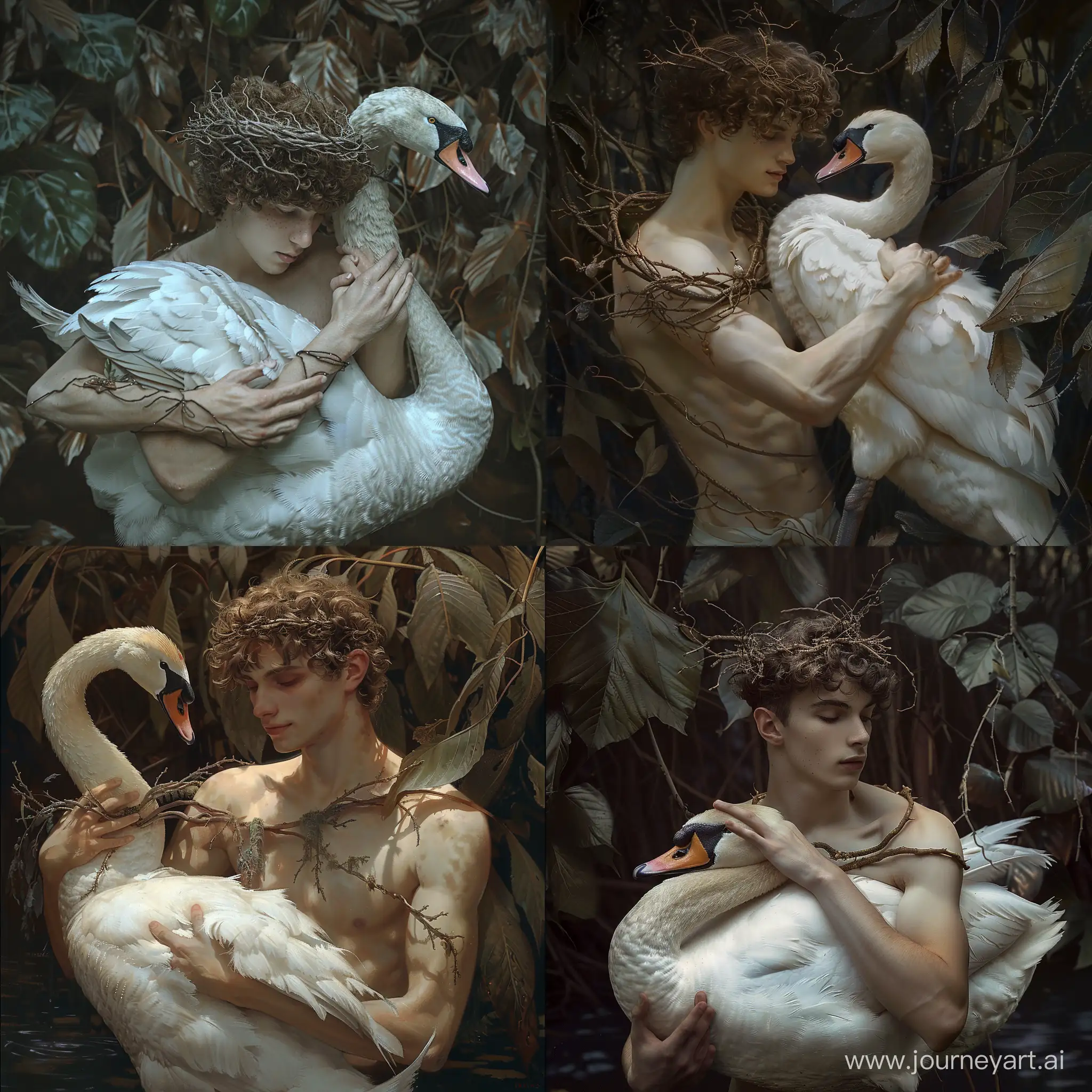 Enchanting-Encounter-Slavic-Man-Embracing-a-White-Swan-in-Mysterious-Forest