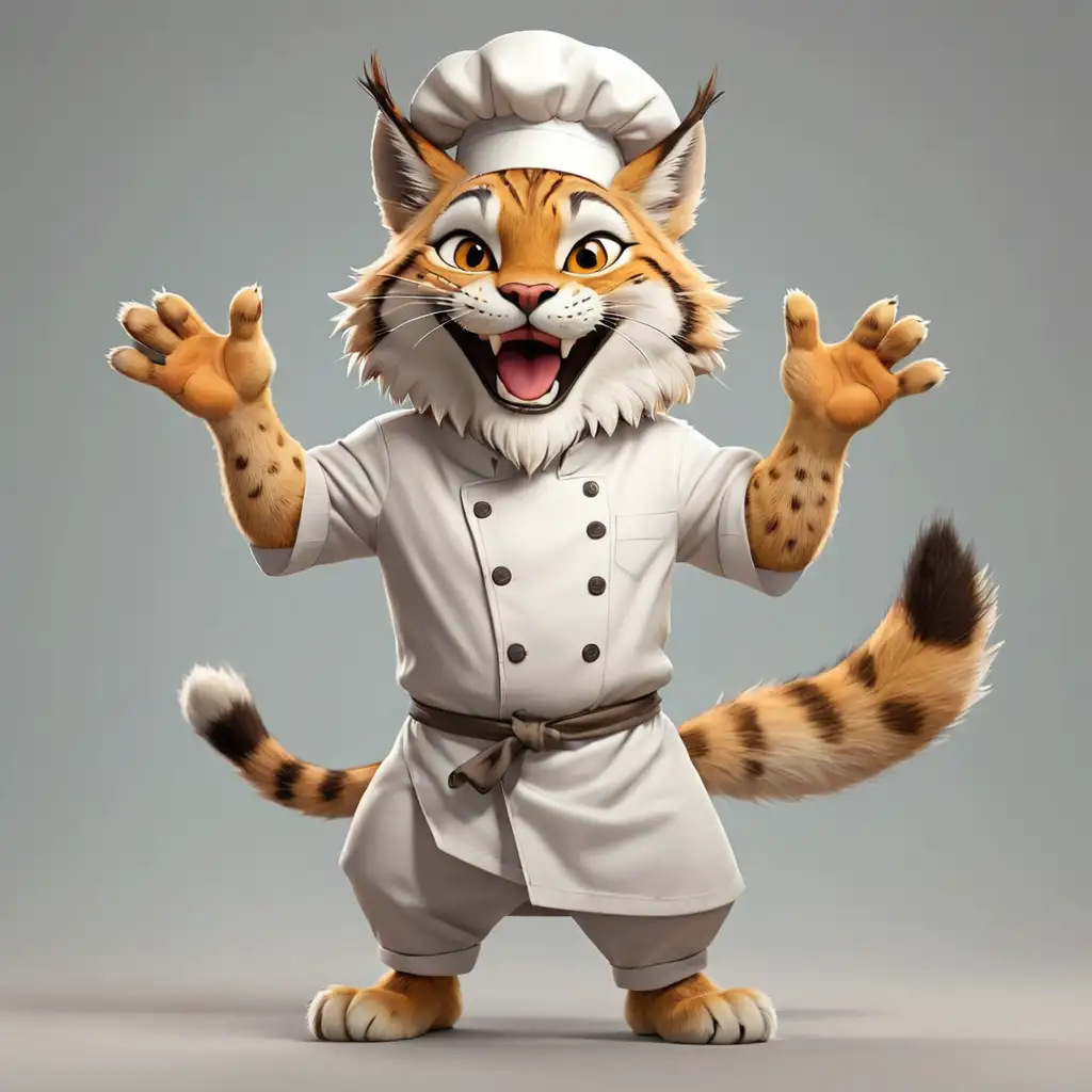 a happy lynx in cartoon style, full body, Chef clothes with chef's hat, with clear background