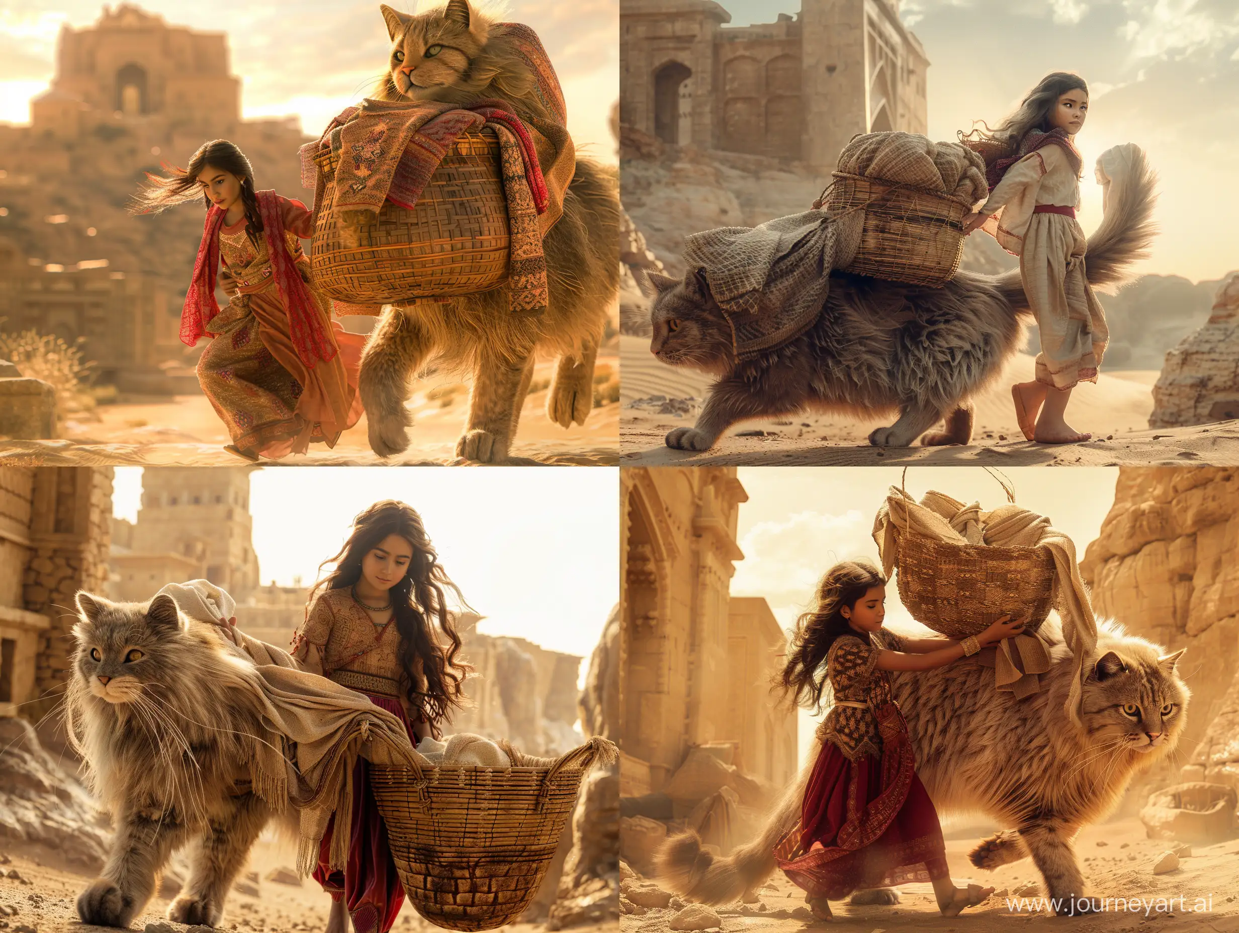 A beautiful Persian girl loads the shawls she has woven into a basket on the back of a giant Persian cat to take inside the citadel. in a desert, in an ancient civilization, cinematic, epic realism,8K, highly detailed, low angle photograph, backlit