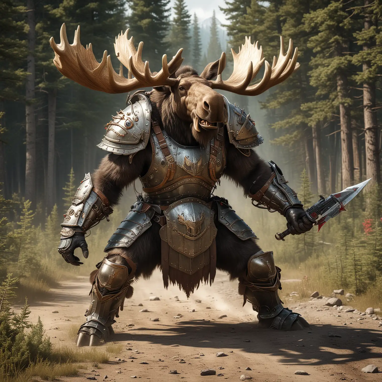 Majestic Moose Warrior in Ornate Heavy Armor Battling in the Forest