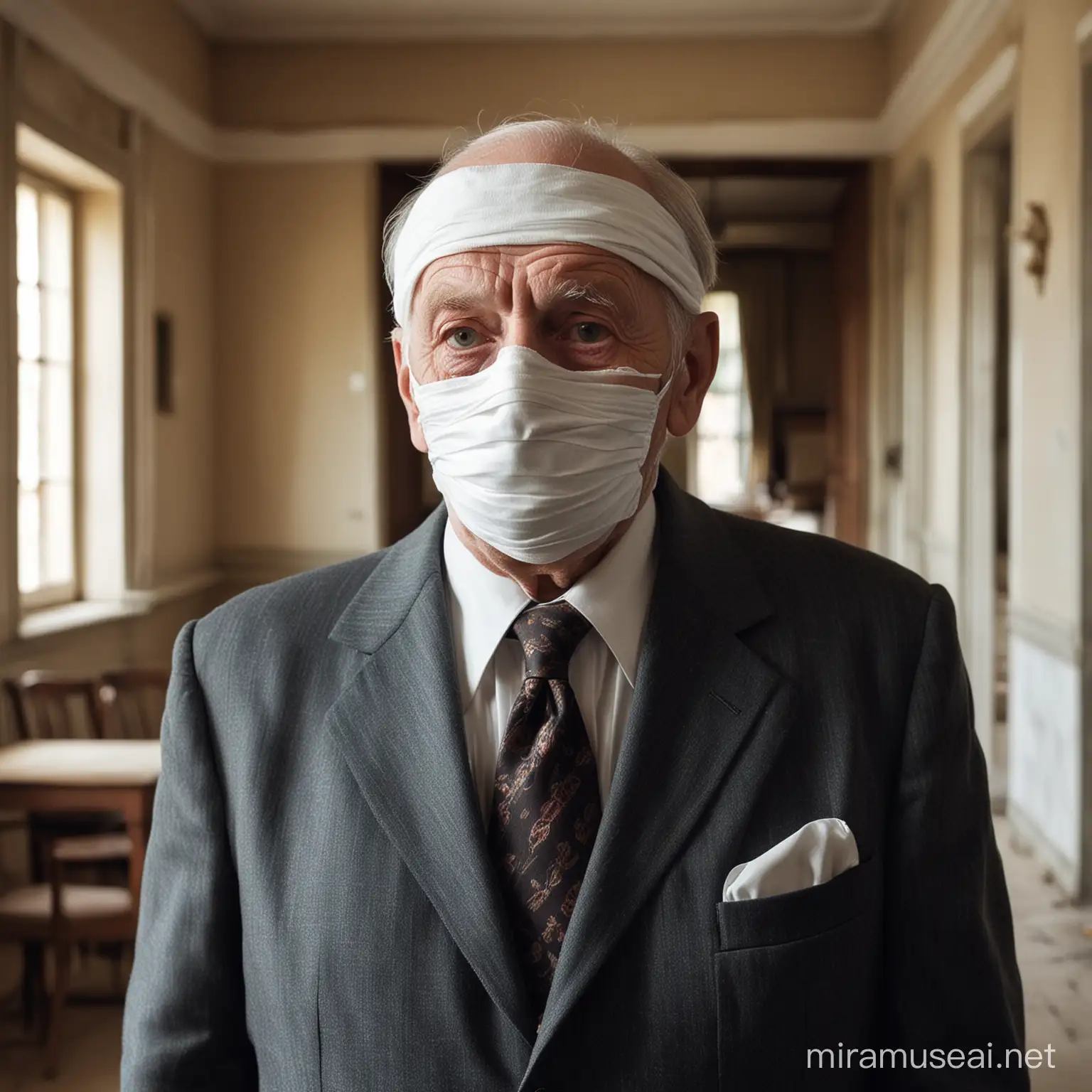 Anciano con su cara totalmente vendada, incluso sus ojos, vestido con traje, en una habitación de una casona antigua, 