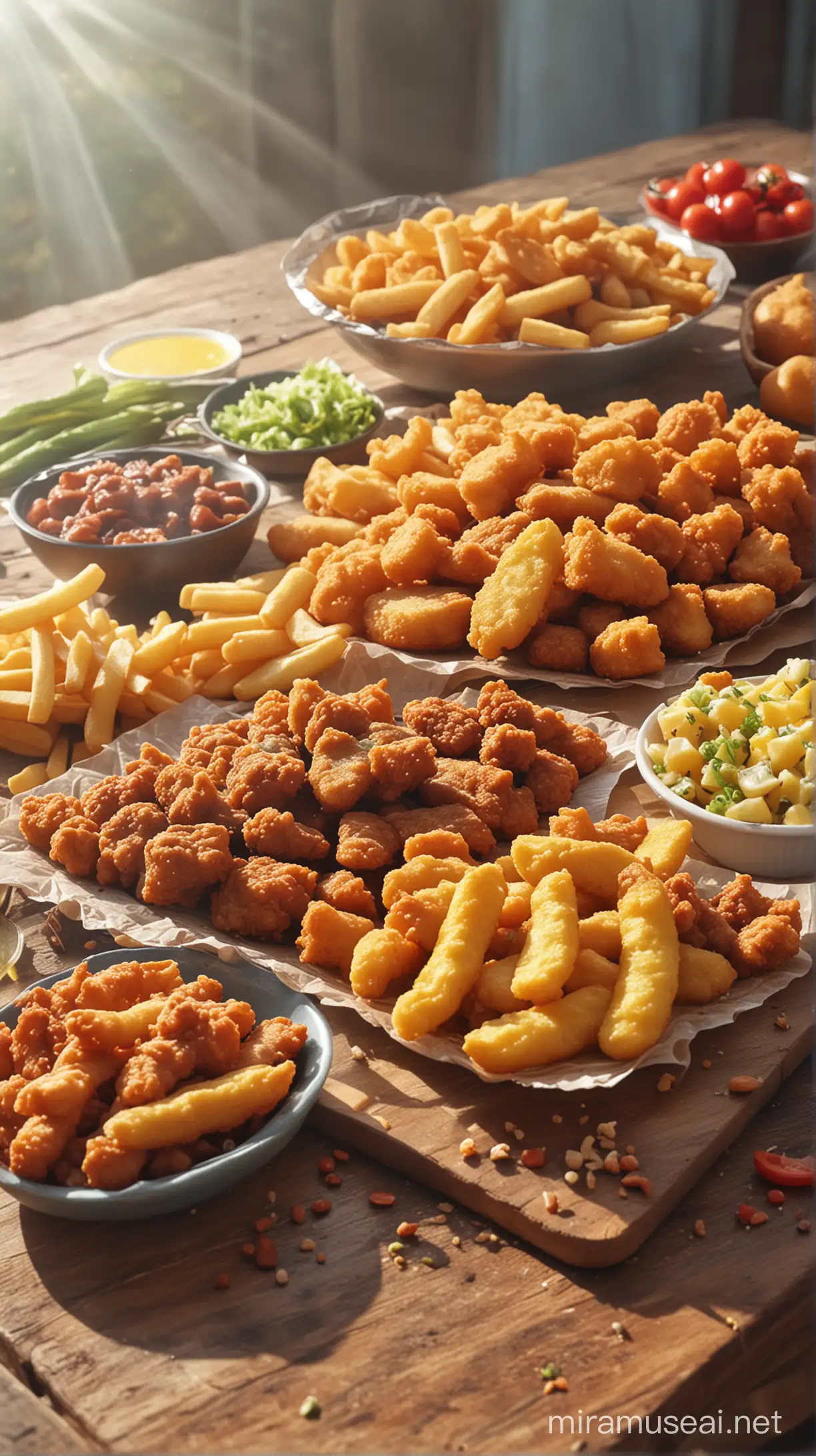 Delicious Fried Foods on Table with Natural Background and Sunlight Effect