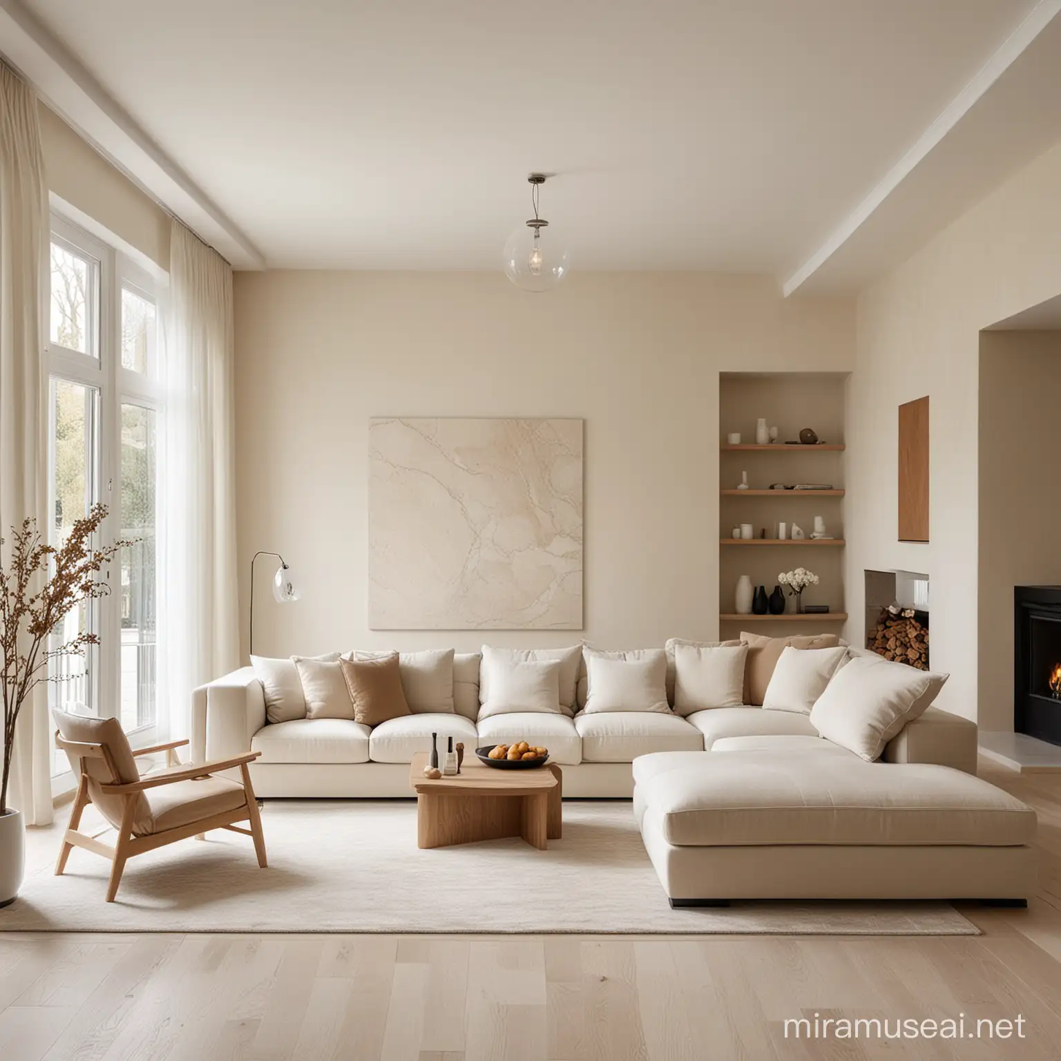 beige, light cream, off white, modern modling walls, fire blace, marble, oak, soft sofas, modern furniture, soft light living room