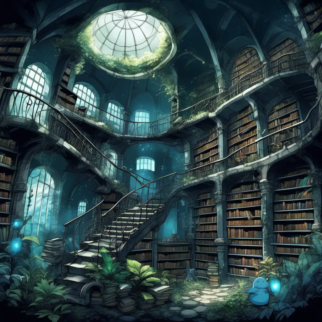 Enchanting GhibliStyle Underground Library with Blue Magic Creatures