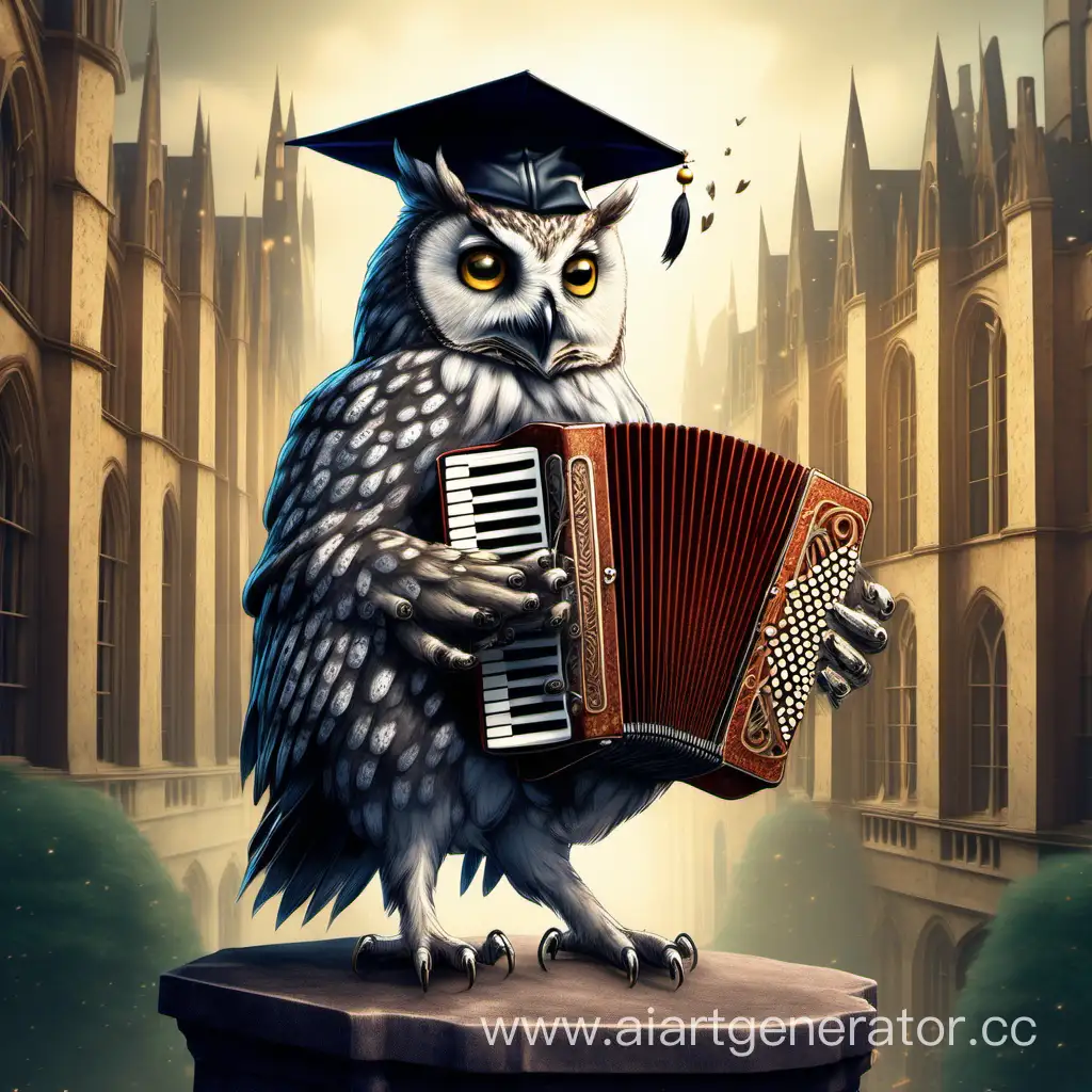 An owl in a square academic cap plays the accordion at Hogwarts