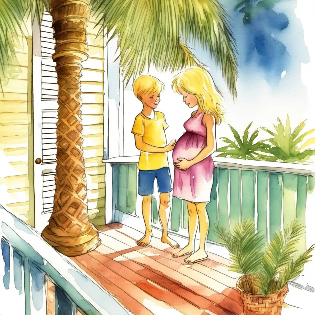 Whimsical Watercolor Illustration Expectant Blonde Girl and Boy on Porch with Palm Tree